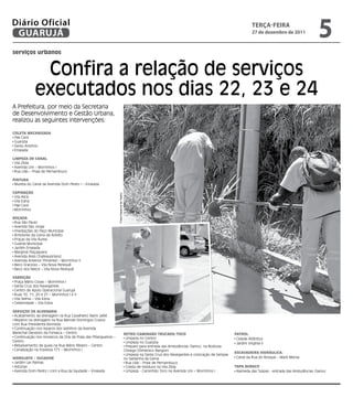 serviços urbanos
Confira a relação de serviços
executados nos dias 22, 23 e 24
A Prefeitura, por meio da Secretaria
de Desenvolvimento e Gestão Urbana,
realizou as seguintes intervenções
Coleta Mecanizada
Pae Cará
Guaiúba
Santo Antônio
Enseada
Limpeza de canal
Vila Zilda
Avenida Um – Morrinhos I
Rua Lilás – Praia de Pernambuco
Pintura
Mureta do Canal da Avenida Dom Pedro I – Enseada
Capinação
Vila Alice
Vila Edna
Pae Cará
Morrinhos
Roçada
Rua São Paulo
Avenida São Jorge
Imediações do Paço Municipal
Arredores da Usina de Asfalto
Praças da Vila Áurea
Guarda Municipal
Jardim Enseada
Marginal Piaçaguera
Avenida Assis Chateaubriand
Avenida Antenor Pimentel – Morrinhos II
Beco Gracioso – Vila Nova Perequê
Beco dos Netos – Vila Nova Perequê
Varrição
Praça Mário Covas – Morrinhos I
Santa Cruz dos Navegantes
Centro de Apoio Operacional Guarujá
Ruas 10, 11, 20 e 21 – Morrinhos I e II
Vila Selma – Vila Edna
Celebridade – Vila Edna
Serviços de alvenaria
Acabamento da drenagem na Rua Cavalheiro Nami Jafet
Reparos na drenagem na Rua Manoel Domingos Cravos
com Rua Presidente Kennedy
Continuação nos reparos dos ladrilhos da Avenida
Marechal Deodoro da Fonseca – Centro
Continuação nos mosaicos da Orla da Praia das Pitangueiras –
Centro
Rebaixamento de guias na Rua Mário Ribeiro – Centro
Canalização na travessa 171 – Morrinhos I
Hidrojato / Sugador
Jardim Las Palmas
Astúrias
Avenida Dom Pedro I com a Rua da Saudade – Enseada
Retro/Caminhão Trucado/Toco
Limpeza no Centro
Limpeza no Guaiúba
Preparo para entrada das Ambulâncias (Samu), na Rodovia
Cônego Dômenico Rangoni
Limpeza na Santa Cruz dos Navegantes e colocação de tampas
no Saldanha da Gama
Rua Lilás - Praia de Pernambuco
Coleta de resíduos na Vila Zilda
Limpeza - Caminhão Toco na Avenida Um – Morrinhos I
Patrol
Cidade Atlântica
Jardim Virgínia II
Escavadeira Hidráulica:
Canal da Rua do Bosque – Maré Mansa
Tapa Buraco
Alameda das Tulipas - entrada das Ambulâncias (Samu)
serviços urbanos
Confira a relação de serviços
executados nos dias 22, 23 e 24
A Prefeitura, por meio da Secretaria
de Desenvolvimento e Gestão Urbana,
realizou as seguintes intervenções: FotosDayannadeCastro
terça-feira
27 de dezembro de 2011
5GUARUJÁ
Diário Oficial
 