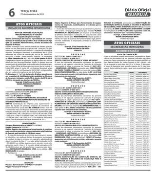 unidade de assuntos estratégicos
Atos oficiais
AVISO DE ABERTURA DE LICITAÇÃO:
PREGÃO PRESENCIAL Nº 124/2011
(republicado por incorreção)
Objeto: Contratação de empresa especializada em serviços
técnicos de instalação de aparelhos de ar condicionado tipo
split nas Unidades Administrativas, através do Sistema de
Registro de Preços.
O Edital na íntegra e seus anexos poderão ser obtidos gratuita-
mente no site www.guaruja.sp.gov.br, link “Licitações”, ou pes-
soalmente, na Diretoria de Compras e Licitações da Unidade de
Assuntos Estratégicos (mediante o recolhimento de R$ 25,00
referentes aos custos de reprodução) sito na Av. Santos Du-
mont, 800, 1º andar – Santo Antônio - Guarujá – SP, no período
de 28 de Dezembro de 2011 até o dia 09 de Janeiro de 2012.
O pagamento deverá ser efetivado na Agência Bancária situada
dentro do Paço Municipal Raphael Vitiello. Os demais atos que
necessitarem de publicidade serão publicados oficialmente ape-
nas no Diário Oficial do Município, nos termos da Lei Federal nº
8.666/1993, artigo 6º, inciso XIII; Lei Orgânica Municipal, artigo
132, § 3º, inciso II e Lei Municipal nº 2.812/2001, e disponibiliza-
dos, em caráter informativo, no site da Prefeitura.
Os Envelopes nº 1 e 2 e a declaração de pleno atendimento
aos requisitos de habilitação serão recebidos na Diretoria
de Compras e Licitações no dia 10 de Janeiro de 2012 até às
09h55m, iniciando sua abertura às 10h00m.
Guarujá, 26 de Dezembro de 2011
DANIEL RODRIGUES PEDREIRA
PREGOEIRO
EXTRATO DE TERMO DE CONTRATO
CONTRATO ADMINISTRATIVO N°. 274/2011
PREGÃO PRESENCIAL Nº 99/2011
PROCESSO N° 24835/71137/2011
CONTRATANTE: PREFEITURA MUNICIPAL DE GUARUJÁ
CONTRATADA: VITAE DOMINI INSTITUTO BRASILEIRO DE
DESENVOLVIMENTO SOCIAL
OBJETO: Contratação de empresa para supervisionar as
ações da equipe de proteção especial da Secretaria de
Desenvolvimento Social; Valor R$ 29.900,00 (vinte e nove mil
e novecentos reais). As despesas decorrentes da execução deste
contrato correrão por conta das Dotações Orçamentárias: 07.0
2.08.246.1004.2.146.3.3.90.39.05(1213) 07.02.08.244.1004.2.146.
3.3.90.39.05 (1149) 07.02.08.243.1004.2.144.3.3.90.39.05(1356) 0
7.02.08.244.1004.2.146.3.3.90.39.05 (1150) Vigência: 04 (quatro)
meses; Data da assinatura de 09 de dezembro de 2011;
HOMOLOGAÇÃO
Processo Administrativo nº 29405/71137/2011
Pregão Presencial nº 117/2011
Objeto: Registro de preços para fornecimento de refeições
para eventos e operações a serem realizados pela Prefeitura
de Guarujá, pelo período de 12 (doze) meses.
I – à vista dos elementos de convicção que instruem o proces-
so licitatório, e em análise à decisão do pregoeiro encarregado
de conduzir e julgar o certame, em especial, a adjudicação do
objeto constante do lote nº 1, no valor global estimado em R$
1.485.600,00 (um milhão, quatrocentos e oitenta e cinco mil e
seiscentos reais), e lote nº 2, no valor global estimado em R$
36.540,00 (trinta e seis mil quinhentos e quarenta reais) à em-
presa RESTAURANTE BAMBUZAL LTDA, torno pública a HO-
MOLOGAÇÃO do pregão.
II – Publique-se.
Guarujá, 20 de Dezembro de 2011
MARIA ANTONIETA DE BRITO
PREFEITA
DESPACHO
Processo Administrativo nº 31421/71137/2011
Pregão Presencial nº 116/2011
Objeto: Registro de Preços para fornecimento de equipa-
mentos de impressão, estabilizadores e no-breaks para a
municipalidade.
I – à vista dos elementos de convicção que instruem o processo,
e em análise à impugnação interposta pela licitante “PLANUS
INFORMÁTICA E TECNOLOGIA”, em especial a manifestação
da Diretoria de Compras e Licitações, em conjunto com a área
requisitante, decido pelo INDEFERIMENTO integral quanto ao
mérito, em razão de ausência de fundamentação legal, perma-
necendo inalteradas as disposições contidas no instrumento
convocatório.
II – Publique-se.
Guarujá, 27 de Dezembro de 2011
MARIA ANTONIETA DE BRITO
PREFEITA
D E S P A C H O
PROCESSO Nº. 29901/125987/2011
ASSUNTO: CONVITE Nº 054/ 2011.
OBJETO: CONSTRUÇÃO DA PRAÇA“SOBRE AS ONDAS”.
À vista dos elementos informativos constantes do presente
processo, e em especial, a decisão da Comissão de Licitações
encarregada de julgar e processar do Convite nº. 054 / 2011
– HOMOLOGO A LICITAÇÃO, promovida para CONSTRUÇÃO
DA PRAÇA “SOBRE AS ONDAS”, em nome da empresa ARA-
GUAIA ENGENHARIA LTDA, no valor global de R$ 144.514,68
(cento e quarenta e quatro mil, quinhentos e quatorze reais
e sessenta e oito centavos).
Guarujá, 02 de Dezembro de 2011.
MARIA ANTONIETA DE BRITO
Prefeita Municipal
D E S P A C H O
PROCESSO Nº. 26449/125897/2011
ASSUNTO: CONVITE Nº 055/ 2011.
OBJETO: SERVIÇOS COMPLEMENTARES EM UNIDADES
HABITACIONAIS SANTA MADALENA.
À vista dos elementos informativos constantes do presente
processo, e em especial, a decisão da Comissão de Licitações
encarregada de julgar e processar do Convite nº. 055 / 2011 –
HOMOLOGO A LICITAÇÃO, promovida para SERVIÇOS COM-
PLEMENTARES EM UNIDADES HABITACIONAIS SANTA MA-
DALENA, em nome da empresa KLE ENGENHARIA LTDA, no
valor global de $ 53.504,92 (cinqüenta e três mil, quinhentos
e quatro reais e noventa e dois centavos).
Guarujá, 01 de Dezembro de 2011.
MARIA ANTONIETA DE BRITO
Prefeita Municipal
D E S P A C H O
PROCESSO Nº. 28018/78600/2011
ASSUNTO: CONVITE Nº 058/ 2011.
OBJETO: REFORMA DA BIBLIOTECA MARTINS FONTES.
À vista dos elementos informativos constantes do presente
processo, e em especial, a decisão da Comissão de Licitações
encarregada de julgar e processar do Convite nº. 058 / 2011
– HOMOLOGO A LICITAÇÃO, promovida para REFORMA DA
BIBLIOTECA MARTINS FONTES, em nome da empresa KLE
ENGENHARIA LTDA, no valor global de $ 147.827,67 (cento e
quarenta e sete mil, oitocentos e vinte e sete reais e sessenta
e sete centavos).
Guarujá, 01 de Dezembro de 2011.
MARIA ANTONIETA DE BRITO
Prefeita Municipal
D E S P A C H O
PROCESSO Nº. 30717/125897/2011
ASSUNTO: CONVITE Nº 064/ 2011.
OBJETO: MANUTENÇÃO DA ILUMINAÇÃO ESPECIAL NA
ORLA, VISANDO A MELHORIA DE SEGURANÇA PARA A
TEMPORADA 2011/2012.
À vista dos elementos informativos constantes do presente pro-
cesso, e em especial, a decisão da Comissão de Licitações encar-
regada de julgar e processar do Convite nº. 064 / 2011 – HO-
MOLOGO A LICITAÇÃO, promovida para MANUTENÇÃO DA
ILUMINAÇÃO ESPECIAL NA ORLA, VISANDO A MELHORIA
DE SEGURANÇA PARA A TEMPORADA 2011/2012, em nome
da empresa A OBRA CONSTRUÇÕES E REFORMAR LTDA EPP,
no valor global de $ 146.619,60 (cento e quarenta e seis mil,
seiscentos e dezenove reais e sessenta centavos).
Guarujá, 21 de Dezembro de 2011.
MARIA ANTONIETA DE BRITO
Prefeita Municipal
secretarias municipais
Atos oficiais
administração
EDITAL DE CONVOCAÇÃO
Ficam os servidores abaixo relacionados, convocados a darem
ciência em documentos de seu interesse, indicados na coluna
respectiva. Favor comparecer no Recursos Humanos da PMG, no
Paço Raphael Vitiello, Av. Santos Dumont nº 640 – térreo – sala
33, de segunda a sexta-feira, das 12 às 16 horas. O documen-
to estará à disposição pelo período máximo de 10 (dez) dias,
a partir desta publicação, após o qual será encaminhado para
arquivo.
NOME PRONT. DOCUMENTO
Adriana Caldas André 13.272 Processo nº 30416/2011
Adriana Rocha Garcia 15.044 Processo nº 28266/2011
Alfredo Araújo Santos Filho 16.077 Processo nº 32593/2011
Alissandra Henrique 13.273 Processo nº 36695/2011
Ana Lúcia Dias da Silveira 4.473 Processo nº 35251/2011
Ana Paula Constantino Nascimento 13.200 Portaria nº 2338/2011
Antonio Carlos Dias Junior 14.700 Portaria nº 2353/2011
Arlene Aparecida Amaral 8.259 Processo nº 28060/2011
Camila Simoes 15.727 Portaria nº 2358/2011
Carlos Clay dos Santos Calista 13.325 Processo nº 37248/2011
Cassia Maria de Souza Alves 6.960 Processo nº 23960/2011
Cassio Maciel Lima de Sousa 14.462 Portaria nº 2276/2011
Catia Cilene Capello 10.599 Processo nº 36912/2011
Claudete Aparecida Arcangelo 15.072 Portaria nº 2359/2011
Cláudia Ferreira de Oliveira A Silva 14.840 Processo nº 36805/2011
Cláudia Machado Ene 17.380 Portaria nº 2364/2011
Cristiane Gomes Igrejas 12.040 Processo nº 36898/2011
Cristiane Maria da Silva 17.917 Processo nº 36675/2011
Daiane Ramos de Lima Almeida 16.972 Processo nº 36699/2011
Daniela Sammarco Rodrigues 14.891 Processo nº 30683/2011
Daniele Ferreira 18.801 Portaria nº 2349/2011
Daniella de Cássia Morandi Reis Gonçalves 14.907 Portaria nº 2351/2011
Delinalva Maria Santos Tavares Correa 13.047 Processo nº 37141/2011
Delmiro Amancio Alves 13.336 Processo nº 36006/2011
Douglas Serafim Barreto 17.099 Requerimento
Edmilson José dos Passos 18.532 Processo nº 12521/2011
Edna Alves de Souza 12.111 Processo nº 37349/2011
Edvaldo Gomes dos Santos 13.772 Portaria nº 2342/2011
Eliza Cristina de Souza Machado da Silva 13.080 Processo nº 37061/2011
Elizete Alves Faustino Pundrich 9.768 Processo nº 27175/2011
Elpidio Teixeira Soares Filho 11.191 Processo nº 37259/2011
Elza Santos Couto 13.032 Processo nº 27242/2011
Fábio Freitas Correa 14.299 Processo nº 36718/2011
Florian Souza de Oliveira Junior 15.035 Portaria nº 2341/2011
Givalda Almeida dos Santos 18.531 Processo nº 11810/2011
Iolanda G. Lira Souza 11.045 Processo nº 31609/2011
Jeanete S. Da S. Mendes de Araújo 5.742 Portaria nº 2332/2011
Jessie Xavier Pinto Pereira 17.092 Processo nº 36686/2011
Jessie Xavier Pinto Pereira 17.092 Processo nº 36685/2011
João Viudes Carrasco 12.736 Processo nº 29587/2004
Joaquim Gomes Heleno Junior 17.859 Portaria nº 2194/2011
José Xavier Batista 17.873 Processo nº 31398/2011
Julio Cesar Gonçalves 14.737 Processo nº 30196/2011
Kátia Maria Puccia Lamas Gimenes 8.622 Processo nº 31607/2011
Laércio da Silva Dias 9.669 Processo nº 11119/2011
Leonardo Pereira Lelis 11.607 Processo nº 38210/2011
Lissandra Vaz 12.542 Processo nº 36692/2011
Luciana Gregório Ferro 13.214 Processo nº 36696/2011
terça-feira
27 de dezembro de 2011
6 GUARUJÁ
Diário Oficial
 