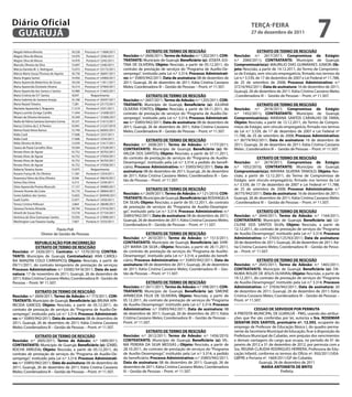 Magda Helena Binotto 18.528 Processo nº 11808/2011
Magno Silva de Moura 14.970 Portaria nº 2346/2011
Magno Silva de Moura 14.970 Portaria nº 2345/2011
Marcelo Oliveira da Silva 13.697 Portaria nº 2340/2011
Márcia Daniela M. S. Rodrigues 13.072 Processo nº 23172/2011
Márcia Maria Souza Thomaz de Aquino 18.730 Processo nº 36691/2011
Maria Angela Sartori 14.450 Processo nº 33969/2011
Maria Aparecida Belarmino de Souza 18.530 Processo nº 11811/2011
Maria Aparecida Donizete Silveira 16.314 Processo nº 37464/2011
Maria Aparecida dos Santos e Santos 10.980 Processo nº 31603/2011
Maria Cristina de O F Santos 8.047 Requerimento
Maria Gabriela de Santana Araújo 16.168 Processo nº 30597/2011
Maria Nazaré Teixeira 7.281 Processo nº 23173/2011
Marizete Aparecida S. Nogueira 11.519 Portaria nº 2331/2011
Mayra Luzmila Zuniga Castilla 11.444 Processo n º 31608/2011
Miriam de Oliveira Veríssimo 10.349 Processo n º 31606/2011
Nadia de Fátima Santana Germano Correa 16.321 Processo nº 31613/2011
Nancy Cristina da S. A Pereira 10.941 Processo nº 21227/2010
Nelma Paula Vieira Ramos 13.749 Processo n] 36005/2011
Nidia Coeli 17.606 Portaria nº 2337/2011
Nidia Coeli 17.606 Portaria nº 2344/2011
Nilda Oliveira de Brito 13.039 Processo nº 31617/2011
Ozana de Paula Carvalho Silva 10.564 Processo nº 27528/2011
Renata Alves de Aguiar 16.752 Processo nº 36702/2011
Renata Alves de Aguiar 16.752 Processo nº 37059/2011
Renata Alves de Aguiar 16.752 Processo nº 36703/2011
Renata Alves de Aguiar 16.752 Processo nº 37058/2011
Roberta Teixeira Xavier 15.975 Requerimento
Rosane França M. De Oliveira 11.581 Portaria nº 2354/2011
Rosemary Vieira da Silva Oliveira 9.546 Processo nº 36676/2011
Selma Dias Dória 4.215 Portaria nº 2339/2011
Silvia Aparecida Pereira Musculis 17.157 Processo nº 30989/2011
Simone Vicente da Costa 10.174 Processo nº 28064/2011
Sonia Galdino dos Santos 14.855 Processo nº 304949/2011
Sueli Ciurlin 12.971 Portaria nº 2350/2011
Teresa Cristina Pellissari 3.864 Processo nº 28698/2011
Vanessa Ferreira Almeida 18.744 Processo nº 27416/2011
Venerli de Souza Silva 13.518 Processo nº 37154/2011
Verônica da Silva Guimaraes Santos 10.593 Processo nº 27898/2011
Washington Luiz Fazzano Gadig 7.607 Portaria nº 2333/2011
Flavio Poli
Diretor de Gestão de Pessoas
REPUBLICAÇÃO POR INCORREÇÃO
EXTRATO DE TERMO DE RESCISÃO
Rescisão: nº 2426/2011; Contrato: n.º 1570/2010; CONTRA-
TANTE: Município de Guarujá; Contratado(a): ANA CAROLI-
NA MANZINI COLO CARRAPICO; Objeto: Rescisão, a partir de
09/11/2011, do contrato temporário de prestação de serviços;
Processo Administrativo: n.º 33085/3418/2011; Data de assi-
natura: 17 de novembro de 2011; Guarujá, 26 de dezembro de
2011; Kátia Cristina Cassiano Meles; Coordenadora III - Gestão de
Pessoas – Pront. Nº 11.507.
EXTRATO DE TERMO DE RESCISÃO
Rescisão: n.º 2604/2011; Termo de Adesão: n.º 773/2011; CON-
TRATANTE: Município de Guarujá; Beneficiário (a): BRUNA APA-
RECIDA GARCEZ; Objeto: Rescisão, a partir de 05.12.2011, do
contrato de prestação de serviços do “Programa de Auxílio-De-
semprego”, instituído pela Lei n.º 3.314; Processo Administrati-
vo: n.º 35893/942/2011; Data de assinatura: 08 de dezembro de
2011; Guarujá, 26 de dezembro de 2011; Kátia Cristina Cassiano
Meles; Coordenadora III – Gestão de Pessoas – Pront. nº 11.507.
EXTRATO DE TERMO DE RESCISÃO
Rescisão: n.º 2605/2011; Termo de Adesão: n.º 1489/2011;
CONTRATANTE: Município de Guarujá; Beneficiário (a): IZABEL
ROCHA ARRUDA; Objeto: Rescisão, a partir de 05.12.2011, do
contrato de prestação de serviços do “Programa de Auxílio-De-
semprego”, instituído pela Lei n.º 3.314; Processo Administrati-
vo: n.º 35893/942/2011; Data de assinatura: 08 de dezembro de
2011; Guarujá, 26 de dezembro de 2011; Kátia Cristina Cassiano
Meles; Coordenadora III – Gestão de Pessoas – Pront. nº 11.507.
EXTRATO DE TERMO DE RESCISÃO
Rescisão: n.º 2606/2011; Termo de Adesão: n.º 1202/2011; CON-
TRATANTE: Município de Guarujá; Beneficiário (a): JOSEFA JUS-
TINA DE OLIVEIRA; Objeto: Rescisão, a partir de 05.12.2011, do
contrato de prestação de serviços do “Programa de Auxílio-De-
semprego”, instituído pela Lei n.º 3.314; Processo Administrati-
vo: n.º 35893/942/2011; Data de assinatura: 08 de dezembro de
2011; Guarujá, 26 de dezembro de 2011; Kátia Cristina Cassiano
Meles; Coordenadora III – Gestão de Pessoas – Pront. nº 11.507.
EXTRATO DE TERMO DE RESCISÃO
Rescisão: n.º 2607/2011; Termo de Adesão: n.º 1205/2011; CON-
TRATANTE: Município de Guarujá; Beneficiário (a): JULIANA
OLIVEIRA FONTES; Objeto: Rescisão, a partir de 04.11.2011, do
contrato de prestação de serviços do “Programa de Auxílio-De-
semprego”, instituído pela Lei n.º 3.314; Processo Administrati-
vo: n.º 35893/942/2011; Data de assinatura: 08 de dezembro de
2011; Guarujá, 26 de dezembro de 2011; Kátia Cristina Cassiano
Meles; Coordenadora III – Gestão de Pessoas – Pront. nº 11.507.
EXTRATO DE TERMO DE RESCISÃO
Rescisão: n.º 2608/2011; Termo de Adesão: n.º 1177/2011;
CONTRATANTE: Município de Guarujá; Beneficiário (a): NI-
VALDA DOS SANTOS; Objeto: Rescisão, a partir de 07.11.2011,
do contrato de prestação de serviços do “Programa de Auxílio-
Desemprego”, instituído pela Lei n.º 3.314; a pedido do benefi-
ciário; Processo Administrativo: n.º 35893/942/2011; Data de
assinatura: 08 de dezembro de 2011; Guarujá, 26 de dezembro
de 2011; Kátia Cristina Cassiano Meles; Coordenadora III – Ges-
tão de Pessoas – Pront. nº 11.507.
EXTRATO DE TERMO DE RESCISÃO
Rescisão: n.º 2609/2011; Termo de Adesão: n.º 121/2010; CON-
TRATANTE:MunicípiodeGuarujá;Beneficiário(a):ROSANGELA
DA SILVA; Objeto: Rescisão, a partir de 05.12.2011, do contrato
de prestação de serviços do “Programa de Auxílio-Desempre-
go”, instituído pela Lei n.º 3.314; Processo Administrativo: n.º
35893/942/2011; Data de assinatura: 08 de dezembro de 2011;
Guarujá, 26 de dezembro de 2011; Kátia Cristina Cassiano Meles;
Coordenadora III – Gestão de Pessoas – Pront. nº 11.507.
EXTRATO DE TERMO DE RESCISÃO
Rescisão: n.º 2610/2011; Termo de Adesão: n.º 1513/2011;
CONTRATANTE: Município de Guarujá; Beneficiário (a): SHIR-
LEY MARIA DA SILVA ; Objeto: Rescisão, a partir de 28.11.2011,
do contrato de prestação de serviços do “Programa de Auxílio-
Desemprego”, instituído pela Lei n.º 3.314; a pedido do benefi-
ciário; Processo Administrativo: n.º 35893/942/2011; Data de
assinatura: 08 de dezembro de 2011; Guarujá, 26 de dezembro
de 2011; Kátia Cristina Cassiano Meles; Coordenadora III – Ges-
tão de Pessoas – Pront. nº 11.507.
EXTRATO DE TERMO DE RESCISÃO
Rescisão: n.º 2611/2011; Termo de Adesão: n.º 398/2011; CON-
TRATANTE: Município de Guarujá; Beneficiário (a): SIMONE
APARECIDA FELIX DE OLIVEIRA; Objeto: Rescisão, a partir de
05.12.2011, do contrato de prestação de serviços do “Programa
de Auxílio-Desemprego”, instituído pela Lei n.º 3.314; Processo
Administrativo: n.º 35893/942/2011; Data de assinatura: 08
de dezembro de 2011; Guarujá, 26 de dezembro de 2011; Kátia
Cristina Cassiano Meles; Coordenadora III – Gestão de Pessoas –
Pront. nº 11.507.
EXTRATO DE TERMO DE RESCISÃO
Rescisão: n.º 2612/2011; Termo de Adesão: n.º 1456/2010;
CONTRATANTE: Município de Guarujá; Beneficiário (a): VIL-
MA PEREIRA DA SILVA MESSIAS ; Objeto: Rescisão, a partir de
28.10.2011, do contrato de prestação de serviços do “Programa
de Auxílio-Desemprego”, instituído pela Lei n.º 3.314; a pedido
do beneficiário; Processo Administrativo: n.º 35893/942/2011;
Data de assinatura: 08 de dezembro de 2011; Guarujá, 26 de
dezembro de 2011; Kátia Cristina Cassiano Meles; Coordenadora
III – Gestão de Pessoas – Pront. nº 11.507.
EXTRATO DE TERMO DE RESCISÃO
Rescisão: n.º 2617/2011; Compromisso de Estágio:
n.º 2060/2011; CONTRATANTE: Município de Guarujá;
Compromissário(a): MAURILIO DIAS GUIMARAES JUNIOR; Ob-
jeto: Rescisão, a partir de 14.12.2011, do Termo de Compromis-
so de Estágio, sem vínculo empregatício, firmado nos termos da
Lei n.º 3.539, de 17 de dezembro de 2007 e Lei Federal nº 11.788,
de 25 de setembro de 2008; Processo Administrativo: n.º
37216/942/2011; Data de assinatura: 16 de dezembro de 2011;
Guarujá, 26 de dezembro de 2011; Kátia Cristina Cassiano Meles
; Coordenadora III – Gestão de Pessoas – Pront. nº 11.507.
EXTRATO DE TERMO DE RESCISÃO
Rescisão: n.º 2618/2011; Compromisso de Estágio:
n.º 1452/2011; CONTRATANTE: Município de Guarujá;
Compromissário(a): MARIANA SANTOS CARVALHO DE FARIA;
Objeto: Rescisão, a partir de 12.12.2011, do Termo de Compro-
misso de Estágio, sem vínculo empregatício, firmado nos termos
da Lei n.º 3.539, de 17 de dezembro de 2007 e Lei Federal nº
11.788, de 25 de setembro de 2008; Processo Administrativo:
n.º 36774/942/2011; Data de assinatura: 16 de dezembro de
2011; Guarujá, 26 de dezembro de 2011; Kátia Cristina Cassiano
Meles ; Coordenadora III – Gestão de Pessoas – Pront. nº 11.507.
EXTRATO DE TERMO DE RESCISÃO
Rescisão: n.º 2619/2011; Compromisso de Estágio:
n.º 1052/2010; CONTRATANTE: Município de Guarujá;
Compromissário(a): MAYARA SILVEIRA TANIOLO; Objeto: Res-
cisão, a partir de 12.12.2011, do Termo de Compromisso de
Estágio, sem vínculo empregatício, firmado nos termos da Lei
n.º 3.539, de 17 de dezembro de 2007 e Lei Federal nº 11.788,
de 25 de setembro de 2008; Processo Administrativo: n.º
36775/942/2011; Data de assinatura: 16 de dezembro de 2011;
Guarujá, 26 de dezembro de 2011; Kátia Cristina Cassiano Meles
; Coordenadora III – Gestão de Pessoas – Pront. nº 11.507.
EXTRATO DE TERMO DE RESCISÃO
Rescisão: n.º 2644/2011; Termo de Adesão: n.º 1164/2011;
CONTRATANTE: Município de Guarujá; Beneficiário (a): LU-
CILENE DOS SANTOS SILVA; Objeto: Rescisão, a partir de
12.12.2011, do contrato de prestação de serviços do “Programa
de Auxílio-Desemprego”, instituído pela Lei n.º 3.314; Processo
Administrativo: n.º 37655/125763/2011; Data de assinatura:
20 de dezembro de 2011; Guarujá, 26 de dezembro de 2011; Ká-
tia Cristina Cassiano Meles; Coordenadora III – Gestão de Pesso-
as – Pront. nº 11.507.
EXTRATO DE TERMO DE RESCISÃO
Rescisão: n.º 2645/2011; Termo de Adesão: n.º 1465/2011;
CONTRATANTE: Município de Guarujá; Beneficiário (a): DA-
NUBIA ROUZE DE JESUS OLIVEIRA; Objeto: Rescisão, a partir de
19.12.2011, do contrato de prestação de serviços do “Programa
de Auxílio-Desemprego”, instituído pela Lei n.º 3.314; Processo
Administrativo: n.º 37656/942/2011; Data de assinatura: 20
de dezembro de 2011; Guarujá, 26 de dezembro de 2011; Kátia
Cristina Cassiano Meles; Coordenadora III – Gestão de Pessoas –
Pront. nº 11.507.
CESSAO DE SERVIDOR POR PERMUTA
A PREFEITA MUNICIPAL DE GUARUJÁ - PMG, usando das atribui-
ções que lhe são conferidas por lei, autoriza a Sra. ROSEMAR
SERAFIM DOS SANTOS, prontuário nº. 12.593, ocupante do
emprego de Professor de Educação Básica I, do quadro perma-
nente da Secretaria Municipal de Educação, ficar à disposição da
Prefeitura Municipal de Cubatão, sem prejuízo dos vencimentos
e demais vantagens do cargo que ocupa, no período de 01 de
janeiro de 2012 a 31 de dezembro de 2012, por permuta com a
Sra. REGINA CLÁUDIA RODRIGUES HERRERA, Professora de Edu-
cação Infantil, conforme os termos do Ofício nº. 950/2011/UEA-
GBPRE e Portaria nº. 1669/2011/GP de Cubatão.
Guarujá, 26 de dezembro de 2011
MARIA ANTONIETA DE BRITO
Prefeita
terça-feira
27 de dezembro de 2011
7GUARUJÁ
Diário Oficial
 