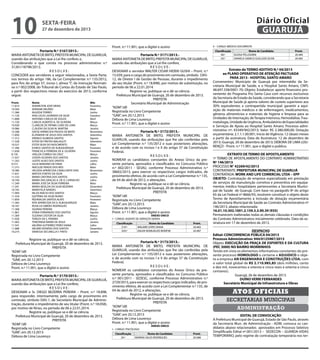 10

27 de dezembro de 2013

Portaria N.º 3167/2013.MARIA ANTONIETA DE BRITO, PREFEITA MUNICIPAL DE GUARUJÁ,
usando das atribuições que a Lei lhe confere; e,
Considerando o que consta no processo administrativo n.º
31261/18798/2013;
RESOLVE:
CONCEDER aos servidores a seguir relacionados, a Sexta Parte,
nos termos do artigo 186, da Lei Complementar n.º 135/2012,
para fins do artigo 57, inciso I, alínea “l”, da Instrução Normativa n.º 002/2008, do Tribunal de Contas do Estado de São Paulo,
a partir dos respectivos meses do exercício de 2013, conforme
segue:
Pront.	
11.814	
10.504	
11.386	
11.120	
11.808	
11.720	
10.928	
10.986	
15.588	
11.856	
11.312	
11.328	
10.527	
11.396	
11.658	
8.130	
11.927	
11.342	
9.573	
11.315	
10.386	
11.631	
11.722	
10.744	
11.349	
11.591	
10.745	
11.904	
11.334	
11.859	
11.365	
10.167	
11.368	
11.867	
11.369	
11.928	
11.463	
11.541	
11.688	
10.273	

Diário Oficial
GUARUJÁ

sexta-feira

Nome	
ADEMILTON JOSÉ VIEIRA	
ADRIANE VALÉRIO	
AGUEDA TORRES	
ANA LÚCIA LAURINDO DA SILVA	
ANTONIO CARLOS DE SOUZA	
CARLOS ALBERTO A. DE OLIVEIRA	
CLARILDE DE FÁTIMA CURSI DE LUNA	
CLÁUDIA DA SILVA M. MARTINI	
DAYSE APARECIDA PASSOS DE BRITO	
ELZENEIDE DE JESUS DOS SANTOS	
ERENICE ALMEIDA SANTOS	
ESTER DE FREITAS MALAGUTI	
ESTER SILVA DO NASCIMENTO	
EUNICE SANTOS DE ALBUQUERQUE	
FRANCISCA FERREIRA DE A. OLIVEIRA	
JIVELDA CORREA DA CRUZ	
JOSEFA OLIVEIRA DOS SANTOS	
JUDITE ALVES DOS SANTOS	
JULIA MARIANO DE FARIA	
IRACILDE PRADO DOS REIS	
HELOISA APARECIDA CAVALCANTE DIAS	
MAFIZA FONTES DA SILVA	
MARIA CRISTINA DOS SANTOS	
MARIA DAS GRAÇAS A. DE O. CARVALHO	
MARIA JOSÉ DA SILVA FERREIRA	
MARIA NESILDA DA SILVA BEZERRA	
MARISTELA NARDES	
NILZA INÁCIO DOS SANTOS	
QUITÉRIA DA SILVA NUNES	
REDINALDA SANTOS ALVES	
RITA APARECIDA DE O. ALBUQUERQUE	
ROSICLEI SIMÕES RODRIGUES	
SILVANA PEREIRA	
SÔNIA FERNANDES DOS SANTOS	
SUZANA CASTOR DA SILVA	
TEREZA DA S. PEREIRA	
TEREZINHA MARIA DE JESUS	
VALÉRIA GUTIERREZ PERES VIANA	
VALMIR DIONÍSIO DOS SANTOS	
VANESSA SECURELLA F. PINTO	

Mês
Fevereiro
Maio
Junho
Outubro
Abril
Março
Março
Janeiro
Novembro
Setembro
Agosto
Setembro
Maio
Fevereiro
Fevereiro
Março
Janeiro
Junho
Julho
Maio
Novembro
Junho
Junho
Julho
Maio
Dezembro
Setembro
Março
Fevereiro
Fevereiro
Maio
Janeiro
Março
Agosto
Março
Junho
Janeiro
Julho
Dezembro
Janeiro

Registre-se, publique-se e dê-se ciência.
Prefeitura Municipal de Guarujá, 20 de dezembro de 2013.
PREFEITA
“ADM”/dll
Registrada no Livro Competente
“GAB’, em 20.12.2013
Débora de Lima Lourenço
Pront. n.º 11.901, que a digitei e assino
Portaria N.º 3170/2013.MARIA ANTONIETA DE BRITO, PREFEITA MUNICIPAL DE GUARUJÁ,
usando das atribuições que a Lei lhe confere,
RESOLVE:
DESIGNAR o Sr. DIEGO BEZERRA PEREIRA – Pront. n.º 18.898,
para responder, interinamente, pelo cargo de provimento em
comissão, símbolo DAS-1, de Secretário Municipal de Administração, durante o impedimento de seu titular (Pront. n.º 18.058),
por motivo de férias, no período de 06 a 22.01.2014.
Registre-se, publique-se e dê-se ciência.
Prefeitura Municipal de Guarujá, 20 de dezembro de 2013.
PREFEITA
“ADM”/dll
Registrada no Livro Competente
“GAB”, em 20.12.2013
Débora de Lima Lourenço

Pront. n.º 11.901, que a digitei e assino

II – CARGO: MÉDICO SOCORRISTA

Portaria N.º 3171/2013.MARIA ANTONIETA DE BRITO, PREFEITA MUNICIPAL DE GUARUJÁ,
usando das atribuições que a Lei lhe confere,
RESOLVE:
DESIGNAR o servidor WALTER CESAR HIDEKI GUSHI – Pront. n.º
15.039, para o cargo de provimento em comissão, símbolo DAS12, de Diretor I de Gestão de Pessoas, durante o impedimento
do seu titular (Pront. n.º 18.898), por motivo de substituição, no
período de 06 a 22.01.2014.
Registre-se, publique-se e dê-se ciência.
Prefeitura Municipal de Guarujá, 20 de dezembro de 2013.
PREFEITA
Secretário Municipal de Administração
“ADM”/dll
Registrada no Livro Competente
“GAB”, em 20.12.2013
Débora de Lima Lourenço
Pront. n.º 11.901, que a digitei e assino
Portaria N.º 3172/2013.MARIA ANTONIETA DE BRITO, PREFEITA MUNICIPAL DE
GUARUJÁ, usando das atribuições que lhe são conferidas pela
Lei Complementar n.º 135/2012 e suas posteriores alterações,
e de acordo com os incisos I e II do artigo 37 da Constituição
Federal,
RESOLVE:
NOMEAR os candidatos constantes do Anexo Único da presente portaria, aprovados e classificados no Concurso Público
n.º 002/2011 - SESAU, conforme Processo Administrativo n.º
38602/2013, para exercer os respectivos cargos indicados, de
provimento efetivo, de acordo com a Lei Complementar n.º 135,
de 04 de abril de 2012, e alterações.
Registre-se, publique-se e dê-se ciência.
Prefeitura Municipal de Guarujá, 20 de dezembro de 2013.
PREFEITA
“ADM”/dll
Registrada no Livro Competente
“GAB”, em 20.12.2013
Débora de Lima Lourenço
Pront. n.º 11.901, que a digitei e assino
ANEXO ÚNICO
I – CARGO: AGENTE DE SERVIÇOS GERAIS
Classificação
319.º
320.º

Nome do Candidato
WALMIR LOPES VIANA
DALVA ROMUALDO BONFIM

Pront.
20.483
20.487

Portaria N.º 3173/2013.MARIA ANTONIETA DE BRITO, PREFEITA MUNICIPAL DE
GUARUJÁ, usando das atribuições que lhe são conferidas pela
Lei Complementar n.º 135/2012 e suas posteriores alterações,
e de acordo com os incisos I e II do artigo 37 da Constituição
Federal,
RESOLVE:
NOMEAR os candidatos constantes do Anexo Único da presente portaria, aprovados e classificados no Concurso Público
n.º 001/2011 - SEDESC, conforme Processo Administrativo n.º
2729/2013, para exercer os respectivos cargos indicados, de provimento efetivo, de acordo com a Lei Complementar n.º 135, de
04 de abril de 2012, e alterações.
Registre-se, publique-se e dê-se ciência.
Prefeitura Municipal de Guarujá, 20 de dezembro de 2013.
PREFEITA
“ADM”/dll
Registrada no Livro Competente
“GAB”, em 20.12.2013
Débora de Lima Lourenço
Pront. n.º 11.901, que a digitei e assino
I – CARGO: PSICÓLOGO
Classificação
29.º

ANEXO ÚNICO

Nome do Candidato
MARINA SALES RODRIGUES

Pront.
20.488

Classificação
48.º
50.º

Nome do Candidato
ELOISA PELLEGRINI
DANIELA SAMICO GUILLIOD OLIVA

Pront.
20.484
20.485

Extrato do TERMO ADITIVO N.º 04/2013
ao PLANO OPERATIVO DE ATENÇÃO PACTUADA
PARA 2013 - HOSPITAL SANTO AMARO
Convenentes: Município de Guarujá por intermédio da Secretaria Municipal de Saúde, e o Hospital Santo Amaro, CNPJ:
48.697.338/0001-70; Objeto: Estabelecer aporte financeiro proveniente do Programa Pro Santa Casa com recursos exclusivos
da Secretaria de Estado da Saúde, considerando que a Secretaria
Municipal de Saúde já aporta valores de custeio superiores aos
30% equivalentes a contrapartida municipal; garantir a aquisição de materiais médicos e de enfermagem, medicamentos,
gêneros alimentícios e materiais de higiene e limpeza para as
Unidades de Internação, de Terapia Intensiva, Hemodiálise, Traumatologia, Unidade de Urgência, Ambulatório de Especialidades
e Serviços de Apoio ao Hospital Santo Amaro; Processo administrativo nº: 43349/942/2013; Valor: R$ 2.380.000,00; Dotação
orçamentária: 2.1.1.1.00.001; Inicio de Vigência: 12 (doze) meses
a partir da assinatura; Data de Assinatura: 12 de dezembro de
2013; Guarujá, 20 de dezembro de 2013; DÉBORA DE LIMA LOURENÇO - Pront. n.º 11.901, que o digitei e publico.
EXTRATO DE TERMO DE APOSTILAMENTO
1º TERMO DE APOSTILAMENTO DO CONTRATO ADMINISTRATIVO
Nº 146/2013
PROCESSO N° 42269/42/2013
CONTRATANTE: PREFEITURA MUNICIPAL DE GUARUJÁ
CONTRATADA: WORK AND LIFE COMERCIAL LTDA – EPP
OBJETO: Contratação de empresa especializada em prestação
de serviços de manutenção corretiva e preventiva em equipamentos médico hospitalares pertencentes a Secretaria Municipal de Saúde de Guarujá. Com base no parágrafo 8º do artigo
65 da Lei Federal nº 8666/93, resolvem constituir o objeto deste
Termo de Apostilamento à inclusão de dotação orçamentária
da Secretaria Municipal de Saúde ao Contrato Administrativo nº
146/2013, abaixo relacionada:
16.01.10.302.1001.2.159.3.3.90.39 (935)
Permanecem inalteradas todas as demais cláusulas e condições
do Contrato Administrativo inicialmente celebrado. Data da assinatura em 17 de dezembro de 2013.
DESPACHO
Edital: CONCORRENCIA PÚBLICA 04/2013
Processo Administrativo: 944/0125987/2013
Objeto: EXECUÇÃO DA PRAÇA DE ESPORTES E DA CULTURA
(PEC 3000) NO BAIRRO MORRINHOS
Tendo em vista os elementos informativos constantes do presente processo HOMOLOGO o certame e ADJUDICO o objeto a empresa AN ENGENHARIA E CONSTRUÇÕES LTDA. com
o valor total global de R$ 2.110.985,85 (dois milhões, cento
e dez mil, novecentos e oitenta e cinco reais e oitenta e cinco
centavos).
Guarujá, 26 de dezembro de 2013.
DUÍNO VERRI FERNANDES
Secretário Municipal de Infraestrutura e Obras

Atos oficiais
secretarias municipais
administração
EDITAL DE CONVOCAÇÃO
A Prefeitura Municipal de Guarujá, Estado de São Paulo, através
da Secretaria Mun. de Administração - ADM, convoca os candidatos abaixo relacionados aprovados em Processo Seletivo
Simplificado Edital nº.001/2013 – SEDECON – GUARDA-VIDAS
TEMPORÁRIO, pelo regime de contratação temporária nos ter-

 