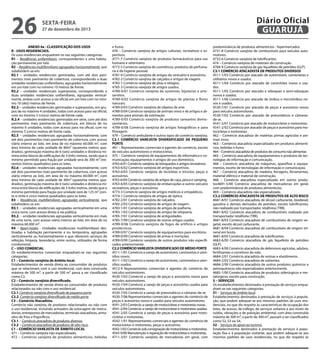 26

Diário Oficial
GUARUJÁ

sexta-feira

27 de dezembro de 2013

ANEXO 4a - CLASSIFICAÇÃO DOS USOS
R - USOS RESIDENCIAIS.
Os usos residenciais enquadram-se nas seguintes categorias:
R1 – Residências unifamiliares, correspondentes a uma habitação permanente por lote.
R2 – Residências multifamiliares agrupadas horizontalmente, que
subdividem-se em:
R2.1 – unidades residenciais geminadas, com até dois pavimentos mais pavimento de cobertura, correspondendo a duas
unidades residenciais unifamiliares, agrupadas horizontalmente
em um lote com no mínimo 10 metros de frente.
R2.2 – unidades residenciais superpostas, correspondendo a
duas unidades residenciais unifamiliares, agrupadas verticalmente, ambas com acesso a via oficial em um lote com no mínimo 10 (dez) metros de frente.
R2.3 – unidades residenciais geminadas e superpostas, em grupos de no máximo 4 unidades, todas com acesso para via oficial,
com no mínimo 5 (cinco) metros de frente cada.
R.2.4 – unidades residenciais geminadas em série, com até dois
pavimentos mais pavimento de cobertura, em blocos de no
máximo 6 unidades, todas com acesso para via oficial, com no
mínimo 5 (cinco) metros de frente cada.
R2.5 – unidades residenciais agrupadas horizontalmente, com
até dois pavimentos mais pavimento de cobertura, com acesso
viário interno ao lote, em área de no máximo 60.000 m², com
área mínima de cada unidade de 80m² (quarenta metros quadrados), geminação máxima de 6 (seis) unidades e distância mínima entre blocos de edificações de 3 (três) metros, sendo que o
mínimo permitido para fração por unidade será de 300 m² (trezentos metros quadrados) para os lotes.
R2.6 – unidades residenciais agrupadas horizontalmente, com
até dois pavimentos mais pavimento de cobertura, com acesso
viário interno ao lote, em área de no máximo 60.000 m², com
área mínima de cada unidade de 40m² (quarenta metros quadrados), geminação máxima de 6 (seis) unidades e distância mínima entre blocos de edificações de 3 (três) metros, sendo que o
mínimo permitido para fração por unidade será de 125 m² (cento e vinte e cinco metros quadrados) para os lotes.
R3 – Residências multifamiliares agrupadas verticalmente, que
subdividem-se em:
R3.1. – unidades residenciais agrupadas verticalmente em uma
única torre, com acesso direto à via pública;
R3.2. – unidades residenciais agrupadas verticalmente em mais
de uma torre, com acesso viário interno ao lote, em área de no
máximo 60.000 m².
R4 – Apart-hotéis - Unidades residenciais multifamiliares destinadas a habitação permanente e ou temporária, agrupadas
verticalmente ou horizontalmente e que oferecem serviços de
refeição, limpeza, lavanderia, entre outros, utilizados de forma
condominial.
C – USO COMERCIAL
Os estabelecimentos comerciais enquadram-se nas seguintes
categorias:
C1 – Comércio varejista de âmbito local.
Estabelecimentos de venda direta ao consumidor de produtos
que se relacionam com o uso residencial, com área construída
máxima de 500 m²; a partir de 500 m² passa a ser classificado
como C2.
C2 – Comércio varejista diversificado.
Estabelecimentos de venda direta ao consumidor de produtos
relacionados ou não com o uso residencial.
C2.1 Comércio varejista diversificado de pequeno porte.
C2.2. Comércio varejista diversificado de médio porte.
C3 – Comércio Atacadista.
Comércio não varejista de produtos relacionados ou não com
o uso residencial, incluindo armazéns de estocagem de mercadorias, entrepostos de mercadorias, terminais atacadistas, armazéns de frios e frigoríficos.
C3.1 – Comércio atacadista de produtos diversos.
C3.2 – Comércio atacadista de produtos de alto risco.
C1 – COMÉRCIO VAREJISTA DE ÂMBITO LOCAL
471 – Comércio varejista não especializado.
472 – Comércio varejista de produtos alimentícios, bebidas

e fumo.
476 – Comércio varejista de artigos culturais, recreativos e esportivos.
4771-7 Comércio varejista de produtos farmacêuticos para uso
humano e veterinário
4772-5 Comércio varejista de cosméticos, produtos de perfumaria e de higiene pessoal.
4781-4 Comércio varejista de artigos do vestuário e acessórios.
4782-2 Comércio varejista de calçados e artigos de viagem.
4783-1 Comércio varejista de jóias e relógios.
4785-3 Comércio varejista de artigos usados.
4789-0/01 Comércio varejista de suvenires, bijuterias e artesanatos.
4789-0/02 Comércio varejista de artigos de plantas e flores
naturais.
4789-0/03 Comércio varejista de objetos de arte.
4789-0/04 Comércio varejista de animais vivos e de artigos e alimentos para animais de estimação.
4789-0/05 Comércio varejista de produtos saneantes domissanitários.
4789-0/08 Comércio varejista de artigos fotográficos e para
filmagem.
479 – Comércio ambulante e outros tipos de comércio varejista.
C2.1 COMÉRCIO VAREJISTA DIVERSIFICADO DE PEQUENO
PORTE
461 – Representantes comerciais e agentes do comércio, exceto
de veículos automotores e motocicletas.
475 – Comércio varejista de equipamentos de informática e comunicação; equipamentos e artigos de uso doméstico.
4763-6/01 Comércio varejista de brinquedos e artigos recreativos.
4763-6/02 Comércio varejista de artigos esportivos.
4763-6/03 Comércio varejista de bicicletas e triciclos; peças e
acessórios.
4763-6/04 Comércio varejista de artigos de caça, pesca e camping.
4763-6/05 Comércio varejista de embarcações e outros veículos
recreativos; peças e acessórios.
4773-3 Comércio varejista de artigos médicos e ortopédicos.
4774-1 Comércio varejista de artigos de óptica.
4782-2/01 Comércio varejista de calçados.
4782-2/02 Comércio varejista de artigos de viagem.
4783-1/01 Comércio varejista de artigos de joalheria.
4783-1/02 Comércio varejista de artigos de relojoaria.
4785-7/01 Comércio varejista de antiguidades.
4785-7/99 Comércio varejista de outros artigos usados.
4789-0/06 Comércio varejista de fogos de artifício e artigos
pirotécnicos.
4789-0/07 Comércio varejista de equipamentos para escritório.
4789-0/09 Comércio varejista de armas e munições.
4789-0/99 Comércio varejista de outros produtos não especificados anteriormente.
C2.2 COMÉRCIO VAREJISTA DIVERSIFICADO DE MÉDIO PORTE
4511-1/01 Comércio a varejo de automóveis, camionetas e utensílios novos.
4511-1/02 Comércio a varejo de automóveis, camionetas e utensílios usados.
4512-9 Representantes comerciais e agentes do comércio de
veículos automotores.
4530-7/03 Comércio a varejo de peças e acessórios novos para
veículos automotores.
4530-7/04 Comércio a varejo de peças e acessórios usados para
veículos automotores.
4530-7/05 Comércio a varejo de pneumáticos e câmaras-de-ar.
4530-7/06 Representantes comerciais e agentes do comércio de
peças e acessórios novos e usados para veículos automotores.
4541-2/03 Comércio a varejo de motocicletas e motonetas novas.
4541-2/04 Comércio a varejo de motocicletas e motonetas usadas.
4541-2/05 Comércio a varejo de peças e acessórios para motocicletas e motonetas.
4542-1/01 Representantes comerciais e agentes do comércio de
motocicletas e motonetas, peças e acessórios.
4542-1/02 Comércio sob consignação de motocicletas e motonetas.
4543-9/00 Manutenção e reparação de motocicletas e motonetas.
4711-3/01 Comércio varejista de mercadorias em geral, com

predominância de produtos alimentícios - hipermercados.
4731-8 Comércio varejista de combustíveis para veículos automotores.
4732-6 Comércio varejista de lubrificantes.
474 – Comércio varejista de materiais de construção
4784-9 Comércio varejista de gás liquefeito de petróleo (GLP).
C3.1 COMÉRCIO ATACADISTA DE PRODUTOS DIVERSOS
4511-1/03 Comércio por atacado de automóveis, camionetas e
utilitários novos e usados.
4511-1/04 Comércio por atacado de caminhões novos e usados.
4511-1/05 Comércio por atacado e reboques e semi-reboques
novos e usados.
4511-1/06 Comércio por atacado de ônibus e microônibus novos e usados.
4530-7/01 Comércio por atacado de peças e acessórios novos
para veículos automotores.
4530-7/02 Comércio por atacado de pneumáticos e câmarasde-ar.
4541-2/01 Comércio por atacado de motocicletas e motonetas.
4541-2/02 Comércio por atacado de peças e acessórios para motocicletas e motonetas .
462 – Comércio atacadista de matérias primas agrícolas e animais vivos.
463 – Comércio atacadista especializado em produtos alimentícios, bebidas e fumo.
464 – Comércio atacadista de produtos de consumo não alimentar.
465 – Comércio atacadista de equipamentos e produtos de tecnologias de informação e comunicação.
466 – Comércio atacadista de máquinas, aparelhos e equipamentos, exceto de tecnologias de informação e comunicação.
467 – Comércio atacadista de madeira, ferragens, ferramentas,
material elétrico e material de construção.
468 – Comércio atacadista especializado em outros produtos4691-5/00 Comércio atacadista de mercadorias em geral,
com predominância de produtos alimentícios.
469 – Comércio atacadista não especializado.
C3.2 COMÉRCIO ATACADISTA DE PRODUTOS DE ALTO RISCO
4681-8/01 Comércio atacadista de álcool carburante, biodiesel,
gasolina e demais derivados de petróleo, exceto lubrificantes,
não realizado por transportador retalhista (TRR).
4681-8/02 Comércio atacadista de combustíveis realizado por
transportador retalhista (TRR).
4681-8/03 Comércio atacadista de combustíveis de origem vegetal, exceto álcool carburante.
4681-8/04 Comércio atacadista de combustíveis de origem mineral em bruto.
4681-8/05 Comércio atacadista de lubrificantes.
4682-6/00 Comércio atacadista de gás liquefeito de petróleo
(GLP).
4683-4/00 Comércio atacadista de defensivos agrícolas, adubos,
fertilizantes e corretivos do solo.
4684-2/01 Comércio atacadista de resinas e elastômeros.
4684-2/02 Comércio atacadista de solventes.
4684-2/99 Comércio atacadista de outros produtos químicos e
petroquímicos não especializados anteriormente.
4685-1/00 Comércio atacadista de produtos siderúrgicos e metalúrgicos, exceto para construção.
S – SERVIÇOS
Os estabelecimentos destinados à prestação de serviços enquadram-se nas seguintes categorias:
S1 – Serviços de âmbito local.
Estabelecimentos destinados à prestação de serviços à população, que podem adequar-se aos mesmos padrões de usos residenciais, no que diz respeito às características de ocupação dos
lotes, de acesso, de tráfego, de serviços urbanos e aos níveis de
ruídos, vibrações e de poluição ambiental, com área construída
máxima de 300 m²; a partir de 300 m², passam a ser classificados
como S2, S3 ou S4.
S2 – Serviços de apoio ao turismo.
Estabelecimentos destinados à prestação de serviços à população fixa e à população visitante, que podem adequar-se aos
mesmos padrões de usos residenciais, no que diz respeito às

 