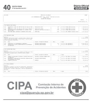 40

Diário Oficial
GUARUJÁ

sexta-feira

27 de dezembro de 2013

----------------------------------------------------------------------------------------------------------------------------------------------------------------------------| CN-SIFPM
MUNICIPIO DE GUARUJA
CONAM
|
|
|
|
LEI ORCAMENTARIA ANUAL 2014 - LEI No. 04068 DE 12/12/2013
|
|
QUADRO VIII
|
|
DESPESA POR PROGRAMA
|
|
Pagina
3
|
|
|
|
Valores em R$ 1,00
|
----------------------------------------------------------------------------------------------------------------------------------------------------------------------------=============================================================================================================================================================================
| 1004 GUARUJA SEM MISERIA
|
|-----------------------------------------------------------------------------------------------------------------------------------------------------------------------------|
| 2141
MANUTENCAO E AMPL DOS SERV DE PROT SOC BAS AS FAMI | FAMILIAS NO PAIF
|
250
| 07.02.00 FUNDO MUN AS SOCIAL
|
1.388.000,00 |
|
LIAS
|
|
|
|
|
| 2146
MANUTENCAO E AMPL DOS SERV DE PROT SOCIAL ESPECIAL | FAMILIAS NO PAEFI
|
495
| 07.02.00 FUNDO MUN AS SOCIAL
|
1.852.000,00 |
| 2148
REESTRUTURACAO E APRIMORAMENTO DO SISTEMA DE GES
| FAMILIAS INCLUIDAS POR BUSCA A |
1776
| 07.02.00 FUNDO MUN AS SOCIAL
|
759.000,00 |
|
TAO DO SUAS
|
|
|
|
|
| 2152
IMPL AMPL MANUT SEGURANCA ALIMENTAR NUTRICIONAL
| REFEICOES
|
1800
| 07.01.00 SEC DESENV E ASSIST SOCIA |
2.317.000,00 |
----------------------------------------------------------------------------------------------------------------------------------------------------------------------------=============================================================================================================================================================================
| 1005 HABITACAO DIGNA
|
|-----------------------------------------------------------------------------------------------------------------------------------------------------------------------------|
| Objetivo
|
Total |
| Oferecer condicoes de acesso a moradia digna, melhoria das
|
62.660.000,00 |
| condicoes de habitabilidade, fiscalizacao e controle para
|
|
| evitar ocupacoes irregulares.
|
|
|-----------------------------------------------------------------------------------------------------------------------------------------------------------------------------|
| Cod.
Acao
| Produto (Unidade de Medida)
|
Meta
| Orgao
|
Valor |
|-----------------------------------------------------------------------------------------------------------------------------------------------------------------------------|
| 1074
URBANIZACAO DE ASSENTAMENTOS SUBNORMAIS
| UNIDADES HABITACIONAIS
|
832
| 26.01.00 SEC HABITACA O
|
59.683.000,00 |
| 2203
MODERNIZACAO E APOIO ADMINISTRATIVO DA SECRETARIA
| UNIDADES ADMINISTRADAS
|
4
| 26.01.00 SEC HABITACA O
|
2.977.000,00 |
|
DE HABITACAO.
|
|
|
|
|
----------------------------------------------------------------------------------------------------------------------------------------------------------------------------=============================================================================================================================================================================
| 1006 CULTURA PARA TODOS
|
|-----------------------------------------------------------------------------------------------------------------------------------------------------------------------------|
| Objetivo
|
Total |
| Promocao da Politica de cultura organica do Municipio com a
|
10.988.000,00 |
| finalidade de proporcionar o desenvolvimento humano.
|
|
|-----------------------------------------------------------------------------------------------------------------------------------------------------------------------------|
| Cod.
Acao
| Produto (Unidade de Medida)
|
Meta
| Orgao
|
Valor |
|-----------------------------------------------------------------------------------------------------------------------------------------------------------------------------|
| 2073
FOMENTO AS ENTIDADES CULTURAIS E GRUPOS ARTISTICOS | PROJETOS CULTURAIS BENEFICIADO |
7
| 09.01.00 SEC MUNIC DE CULTURA
|
1.202.000,00 |
|
DO MUNICIPIO
|
|
|
|
|
| 2164
MANUTENCAO E AMPLIACAO DA ESTRUTURA ORGANIZACIONAL | UNIDADES ADMINISTRADAS
|
3
| 09.01.00 SEC MUNIC DE CULTURA
|
9.212.000,00 |
|
DA SECRETARIA DE CULTURA
|
|
|
|
|
| 2205
FORMACAO ARTISTICA
| EVENTOS
|
210
| 09.01.00 SEC MUNIC DE CULTURA
|
574.000,00 |
----------------------------------------------------------------------------------------------------------------------------------------------------------------------------=============================================================================================================================================================================
| 1007 REVIVA GUARUJA
|
|-----------------------------------------------------------------------------------------------------------------------------------------------------------------------------|
| Objetivo
|
Total |
| Fortalecer e garantir as acoes de preservacao, manutencao e
|
443.000,00 |
| difusao do Patrimonio Historico, Cultural e Arquitetonico
|
|
| do Municipio, criando e ampliando a rede de equipamentos e
|
|
| servicos.
|
|
|-----------------------------------------------------------------------------------------------------------------------------------------------------------------------------|
| Cod.
Acao
| Produto (Unidade de Medida)
|
Meta
| Orgao
|
Valor |
|-----------------------------------------------------------------------------------------------------------------------------------------------------------------------------|
-----------------------------------------------------------------------------------------------------------------------------------------------------------------------------

CIPA

Comissão Interna de
Prevenção de Acidentes

cipa@guaruja.sp.gov.br

 