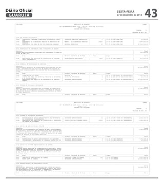 Diário Oficial
GUARUJÁ

sexta-feira

27 de dezembro de 2013

43

----------------------------------------------------------------------------------------------------------------------------------------------------------------------------| CN-SIFPM
MUNICIPIO DE GUARUJA
CONAM
|
|
|
|
LEI ORCAMENTARIA ANUAL 2014 - LEI No. 04068 DE 12/12/2013
|
|
QUADRO VIII
|
|
DESPESA POR PROGRAMA
|
|
Pagina
8
|
|
|
|
Valores em R$ 1,00
|
----------------------------------------------------------------------------------------------------------------------------------------------------------------------------=============================================================================================================================================================================
| 3006 MEU BAIRRO MAIS BONITO
|
|-----------------------------------------------------------------------------------------------------------------------------------------------------------------------------|
| 1024
CONSTRUCAO, REFORMA E AMPLIACAO DE PROPRIOS PUBLI
| PROPRIOS PUBLICOS CONSTRUIDOS
|
1
| 27.01.00 SEC OPER URB
|
50.000,00 |
|
COS
|
|
|
|
|
| 1025
MANUTENCAO DA ILUMINACAO PUBLICA DO MUNICIPIO DE
| MANUT. DA ILUMINACAO PUBLICA/
|
27821
| 27.01.00 SEC OPER URB
|
5.979.000,00 |
|
GUARUJA
|
|
|
|
|
| 2199
MANUTENCAO DOS SERV DA SEC DE OPERACOES URBANAS
| BAIRROS ATENDIDOS
|
29
| 27.01.00 SEC OPER URB
|
87.364.000,00 |
----------------------------------------------------------------------------------------------------------------------------------------------------------------------------=============================================================================================================================================================================
| 4001 TECNOLOGIA DA INFORMACAO PARA OTIMIZACAO DA GESTAO
|
|-----------------------------------------------------------------------------------------------------------------------------------------------------------------------------|
| Objetivo
|
Total |
| Prover qualitativamente tecnologia de informacao a todas as
|
613.000,00 |
| areas da PMG (TI).
|
|
|-----------------------------------------------------------------------------------------------------------------------------------------------------------------------------|
| Cod.
Acao
| Produto (Unidade de Medida)
|
Meta
| Orgao
|
Valor |
|-----------------------------------------------------------------------------------------------------------------------------------------------------------------------------|
| 2186
MANUTENCAO DOS SERVICOS DE TECNOLOGIA DA INFORMA
| ATENDIMENTOS REALIZADOS
|
6616
| 21.01.00 GAB PREFEITO
|
613.000,00 |
|
CAO E INFORMATICA.
|
|
|
|
|
----------------------------------------------------------------------------------------------------------------------------------------------------------------------------=============================================================================================================================================================================
| 4002 FORMACAO E VALORIZACAO DO SERVIDOR
|
|-----------------------------------------------------------------------------------------------------------------------------------------------------------------------------|
| Objetivo
|
Total |
| Valorizacao e melhoria do conhecimento profissional do ser|
22.015.000,00 |
| vidor, implementacao da politica de gestao de pessoas do
|
|
| municipio e gerenciamento do sistema dos meios administra|
|
| tivos.
|
|
|-----------------------------------------------------------------------------------------------------------------------------------------------------------------------------|
| Cod.
Acao
| Produto (Unidade de Medida)
|
Meta
| Orgao
|
Valor |
|-----------------------------------------------------------------------------------------------------------------------------------------------------------------------------|
| 0009
CONTRIBUICAO AO PASEP
| RECEITA %
|
1
| 06.01.00 SEC MUNIC DE ADMINSITRACA |
6.000.000,00 |
| 1003
CONSTR REF AMPL DOS PROPRIOS PUBLICOS DA SECRETARI
| PROPRIOS REFORMADOS
|
1
| 06.01.00 SEC MUNIC DE ADMINSITRACA |
10.000,00 |
|
A DE ADMINISTRACAO
|
|
|
|
|
| 2010
MANUTENCAO DOS SERVICOS DA SECRETARIA DE ADMINIS
| UNIDADES ADMINISTRADAS
|
5
| 06.01.00 SEC MUNIC DE ADMINSITRACA |
16.005.000,00 |
|
TRACAO.
|
|
|
|
|
----------------------------------------------------------------------------------------------------------------------------------------------------------------------------=============================================================================================================================================================================
| 4003 GOVERNO E SOCIEDADE INTEGRADOS
|
|-----------------------------------------------------------------------------------------------------------------------------------------------------------------------------|
| Objetivo
|
Total |
| Manter a populacao informada das atividades da administra|
13.230.000,00 |
| cao, bem como a transparencia fiscal; coordenar e avaliar a
|
|
| s acoes de governo; prestar assessoramento direto ao Chefe
|
|
| do Poder Executivo.
|
|
|-----------------------------------------------------------------------------------------------------------------------------------------------------------------------------|
| Cod.
Acao
| Produto (Unidade de Medida)
|
Meta
| Orgao
|
Valor |
|-----------------------------------------------------------------------------------------------------------------------------------------------------------------------------|
-----------------------------------------------------------------------------------------------------------------------------------------------------------------------------

----------------------------------------------------------------------------------------------------------------------------------------------------------------------------| CN-SIFPM
MUNICIPIO DE GUARUJA
CONAM
|
|
|
|
LEI ORCAMENTARIA ANUAL 2014 - LEI No. 04068 DE 12/12/2013
|
|
QUADRO VIII
|
|
DESPESA POR PROGRAMA
|
|
Pagina
9
|
|
|
|
Valores em R$ 1,00
|
----------------------------------------------------------------------------------------------------------------------------------------------------------------------------=============================================================================================================================================================================
| 4003 GOVERNO E SOCIEDADE INTEGRADOS
|
|-----------------------------------------------------------------------------------------------------------------------------------------------------------------------------|
| 2002
MODERNIZACAO E APOIO ADMINISTRATIVO DA SECRETARIA
| UNIDADES ADMINISTRADAS
|
10
| 02.01.00 SEC COORD GO VERNAMENTAL
|
9.622.000,00 |
|
DE COORDENACAO GOVERNAMENTAL
|
|
|
|
|
| 2185
MANUTENCAO DOS SERVICOS DE COMUNICACAO E PRESTACAO
| DIARIO OFICIAL/TIRAGEM DIARIA
|
10000
| 02.01.00 SEC COORD GO VERNAMENTAL
|
3.608.000,00 |
|
DE CONTAS A SOCIEDADE
|
|
|
|
|
----------------------------------------------------------------------------------------------------------------------------------------------------------------------------=============================================================================================================================================================================
| 4004 GESTAO DA ADMINISTRACAO PUBLICA
|
|-----------------------------------------------------------------------------------------------------------------------------------------------------------------------------|
| Objetivo
|
Total |
| Executar os procedimentos de compras da Adm, monitoramento
|
7.391.000,00 |
| de contratos, protocolo dos documentos em geral enderecados
|
|
| a Chefe do Executivo e Gabinete, confeccao de todos os dema
|
|
| is documentos, Assessoramento a Chefe do Executivo na organ
|
|
| izacao de eventos e atividades publicas.
|
|
|-----------------------------------------------------------------------------------------------------------------------------------------------------------------------------|
| Cod.
Acao
| Produto (Unidade de Medida)
|
Meta
| Orgao
|
Valor |
|-----------------------------------------------------------------------------------------------------------------------------------------------------------------------------|
| 2194
MODERNIZACAO E APOIO ADMINISTRATIVO DO GABINETE
| UNIDADES ADMINISTRADAS
|
5
| 21.01.00 GAB PREFEITO
|
7.371.000,00 |
| 2212
IMPLANTACAO E MANUTENCAO DO CONSELHO GESTOR DA PPP
| UNIDADES ADMINISTRADAS
|
1
| 21.01.00 GAB PREFEITO
|
20.000,00 |
----------------------------------------------------------------------------------------------------------------------------------------------------------------------------=============================================================================================================================================================================
| 4005 GESTAO DO SISTEMA ADMINISTRATIVO DA CAMARA
|
|-----------------------------------------------------------------------------------------------------------------------------------------------------------------------------|
| Objetivo
|
Total |
| Legislar sobre materias de competencia do municipio, obser|
45.800.000,00 |
| vadas as determinacoes e a hierarquia constitucional e fis|
|
| calizar, mediante controle externo, a administracao direta
|
|
| e empresas em que detenha a maioria do capital social com
|
|
| direito a voto.
|
|
|-----------------------------------------------------------------------------------------------------------------------------------------------------------------------------|
| Cod.
Acao
| Produto (Unidade de Medida)
|
Meta
| Orgao
|
Valor |
|-----------------------------------------------------------------------------------------------------------------------------------------------------------------------------|
| 0001
INATIVOS E PENSIONISTAS DA CAMARA
| INATIVOS E PENS DA CAMARA
|
100
| 01.00.00 CAMARA
|
3.567.000,00 |
| 2001
MANUT SERV DA CAMARA
| UNIDADES ADMINISTRADAS
|
1
| 01.00.00 CAMARA
|
42.233.000,00 |
----------------------------------------------------------------------------------------------------------------------------------------------------------------------------=============================================================================================================================================================================
| 4006 REGIME PROPRIO DE PREVIDENCIA SOCIAL
|
|-----------------------------------------------------------------------------------------------------------------------------------------------------------------------------|
| Objetivo
|
Total |
| Administrar, gerenciar e operacionalizar o RPPS do munici|
18.349.000,00 |
| pio de Guaruja, inclusive a arrecadacao e gestao dos recur|
|
| sos previdenciarios, a concessao, o pagamento e a manuten|
|
| cao dos beneficios previstos na lei comp 135/12.
|
|
|-----------------------------------------------------------------------------------------------------------------------------------------------------------------------------|
| Cod.
Acao
| Produto (Unidade de Medida)
|
Meta
| Orgao
|
Valor |
|-----------------------------------------------------------------------------------------------------------------------------------------------------------------------------|
-----------------------------------------------------------------------------------------------------------------------------------------------------------------------------

 