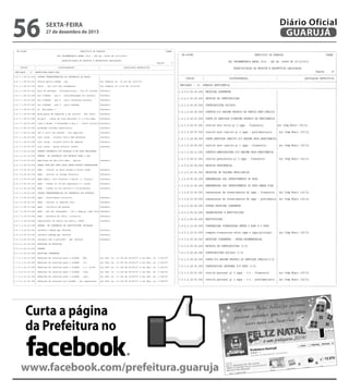 56

sexta-feira

27 de dezembro de 2013

Diário Oficial
GUARUJÁ

---------------------------------------------------------------------------------------------------------------------------------| CN-SIFPM
MUNICIPIO DE GUARUJA
CONAM |
---------------------------------------------------------------------------------------------------------------------------------------------------------------------------------------------------------------------------------------------------------|
|
| CN-SIFPM
MUNICIPIO DE GUARUJA
MUNICIPIO DE GUARUJA
CONAM |
|
LEI ORCAMENTARIA ANUAL 2014 - LEI No. 04068 DE 12/12/2013
| | CN-SIFPM
|
| |
|
|
|
ESPECIFICACAO DA RECEITA E RESPECTIVA LEGISLACAO
|
|
|
LEI ORCAMENTARIA ANUAL ORCAMENTARIA ANUAL 2014 - LEI No. 04068 DE 12/12/2013
LEI 2014 - LEI No. 04068 DE 12/12/2013
|
|
Pagina
9 |
|
|
|----------------------------------------------------------------------------------------------------------------------------------| |
|
CODIGO
|
DISCRIMINACAO
|
LEGISLACAO ESPECIFICA |
| |
ESPECIFICACAO DA RECEITA E RESPECTIVA LEGISLACAO
ESPECIFICACAO DA RECEITA E RESPECTIVA LEGISLACAO
|
|----------------------------------------------------------------------------------------------------------------------------------|
|
Pagina
10 |
Pagin
| ENTIDADE : 01 PREFEITURA MUNICIPAL
| |
|----------------------------------------------------------------------------------------------------------------------------------| |------------------------------------------------------------------------------------------------------------------------|----------------------------------------------------------------------------------------------------------------------------------|
|2.4.7.1.99.00.000| OUTRAS TRANSFERENCIAS DE CONVENIOS DA UNIAO
|
|
|
CODIGO
CODIGO
|
DISCRIMINACAO
DISCRIMINACAO |
| LEGISLACAO ESPECIFICA
LEGISLACAO ESPECIFICA |
|
|
|
| ||
|2.4.7.1.99.00.001| favela porto-cidade - pac
|Lei Federal no. 10.257 de 10/07/01
| |------------------------------------------------------------------------------------------------------------------------|----------------------------------------------------------------------------------------------------------------------------------|
|
|
|
| ENTIDADE : 03 | GUARUJA PREVIDENCIAGUARUJA PREVIDENCIA
| ENTIDADE : 03
|
|2.4.7.1.99.00.016| fnhis - sta cruz dos navegantes
|Lei Federal no 11124 de 16/06/05.
|
|
|
|
| |------------------------------------------------------------------------------------------------------------------------|----------------------------------------------------------------------------------------------------------------------------------|
|2.4.7.1.99.00.032| pier do pereque - infraestrutura - min do turismo |Convenio.
|
|1.0.0.0.00.00.000||1.0.0.0.00.00.000| RECEITAS CORRENTES
RECEITAS CORRENTES
|
|
|
|
|
|
|
|
|
|
|
|
|2.4.7.1.99.00.040| min cidades - pac-2 - macrodrenagem sto antonio
|Convenio.
| ||
|
|
|
|
|1.2.0.0.00.00.000||1.2.0.0.00.00.000| RECEITA DE CONTRIBUICOES
RECEITA DE CONTRIBUICOES
|
|
|
|2.4.7.1.99.00.041| min cidades - pac-2 - proj contencao encosta
|Convenio.
|
|
|
|
|
|
|
|
|
| ||
|2.4.7.1.99.00.042| min cidades - pac-2 - proj enseada
|Convenio.
|
|1.2.1.0.00.00.000||1.2.1.0.00.00.000| CONTRIBUICOES SOCIAIS
CONTRIBUICOES SOCIAIS
|
|
|
|
|
|
|
|
|
|
|
|
|2.4.7.1.99.00.047| av. dom pedro i
|Convenio.
| ||
|
|
|
| |1.2.1.0.29.00.000| CONTRIB.P/O PREVID.SERV.PUBLICOPREVID.SERV.PUBLICO |
|1.2.1.0.29.00.000| CONTRIB.P/O REGIME PROPRIO DE REGIME PROPRIO DE |
|
|2.4.7.1.99.00.048| prog praca de esportes e da cultura - pec contr
|Convenio.
|
|
|
|
|
|
|
|
|
| ||
|2.4.7.1.99.00.049| em parl - infra em vias morrinho ii e vila edna
|Convenio.
|
|1.2.1.0.29.07.000||1.2.1.0.29.07.000| P/REGIME PROPRIO DEP/REGIME PROPRIO DE PREVIDENCIA |
CONTR.DO SERVIDOR CONTR.DO SERVIDOR PREVIDENCIA |
|
|
|
|
|
|
||
|
|
|
|
|2.4.7.1.99.00.050| ruas s daige, m fernandes e pca 3 - infra turistic|Convenio.
|
|1.2.1.0.29.07.001||1.2.1.0.29.07.001| contrib serv financeiroo rpps - financeiro Munic 135/12. Comp Munic 135/12.
contrib serv ativo p/ o rpps - ativo p/
|Lei Comp
|Lei
|
|
|
|
|
|2.4.7.1.99.00.053| programa cozinha comunitaria
|convenio
| ||
|
|
|
|
|
|
|
|
|
|1.2.1.0.29.07.002||1.2.1.0.29.07.002| contrib rpps -inativo p/ o rpps - previdenciario 135/12. Comp Munic 135/12.
contrib serv inativo p/ o serv previdenciario | Lei Comp Munic | Lei
|
|2.4.7.1.99.00.054| ref e revit gin guaibe - min esportes
|convenio
|
|
|
|
| ||
|
|
|
|
|
|2.4.7.1.99.00.055| conv caixa - mirante morro das galhetas
|convenio
|
|1.2.1.0.29.09.000||1.2.1.0.29.09.000| CONTR.SERVIDOR INATIVO P/O REGIME PROP.PREVIDENCIA|
CONTR.SERVIDOR INATIVO P/O REGIME PROP.PREVIDENCIA|
|
|
|
|
|
|2.4.7.1.99.00.056| conv caixa - mirante morro da campina
|convenio.
| ||
|
|
|
|
|
|
|
|
|
|1.2.1.0.29.09.001||1.2.1.0.29.09.001| contrib rpps -inativo p/ o rpps - financeiro
contrib serv inativo p/ o serv financeiro
| Lei Comp Munic 135/12. Comp Munic 135/12.
| Lei
|
|2.4.7.1.99.00.057| conv caixa - praca horacio laffer
|convenio.
|
|
|
|
| ||
|
|
|
|
|
|2.4.7.2.00.00.000| TRANSF.CONVENIOS DOS ESTADOS E DE SUAS ENTIDADES |
|
|1.2.1.0.29.11.000||1.2.1.0.29.11.000| CONTRIB.PENSIONISTAS P/O REGIME |PROP.PREVIDENCIA |
CONTRIB.PENSIONISTAS P/O REGIME PROP.PREVIDENCIA
|
|
|
|
|
|
||
|
|
|
|
|2.4.7.2.01.00.000| TRANSF. DE CONVENIOS DOS ESTADOS PARA O SUS
|
|
|
|
|
|
|1.2.1.0.29.11.001||1.2.1.0.29.11.001| contrib pensionista p/ o rpps - |financeiro Munic 135/12. Comp Munic 135/12.
contrib pensionista p/ o rpps - financeiro
Lei Comp
| Lei
|
|2.4.7.2.01.00.015| ampliacao da ubs vila edna - qualis
|convenio.
|
|
|
|
|
|
|
|
|
| ||
|2.4.7.2.05.00.000| TRANS.CONV.EST.DEST.PROG.INFRA-ESTRUT.TRANSPORTES |
|
|1.3.0.0.00.00.000||1.3.0.0.00.00.000| RECEITA PATRIMONIAL
RECEITA PATRIMONIAL
|
|
|
|
|
|
|
|
|
|
|
|
|2.4.7.2.05.00.015| dade - revital av pres vargas e aurea conde
|Convenio.
| ||
|
|
|
|
|1.3.2.0.00.00.000||1.3.2.0.00.00.000| RECEITAS DE VALORES MOBILIARIOS |
RECEITAS DE VALORES MOBILIARIOS
|
|
|2.4.7.2.05.00.016| dade - revital av thiago ferreira
|Convenio.
|
|
|
|
|
|
|
|
|
| ||
|2.4.7.2.05.00.027| agem adeq.r luiz bianconi e pavim. n. horacio
|Convenio.
|
|1.3.2.8.00.00.000||1.3.2.8.00.00.000| REMUNERACAO DO RPPS
REMUNERACAO DOS INVESTIMENTOS DOS INVESTIMENTOS DO RPPS
|
|
|
|
|
|
|
|
||
|
|
|
|
|2.4.7.2.05.00.031| dade - acesso ao jd boa esperanca e v aurea
|Convenio.
|
|1.3.2.8.10.00.000||1.3.2.8.10.00.000| REMUNERACAO DO RPPS RENDA FIXA DO RPPS RENDA FIXA |
REMUNERACAO DOS INVESTIMENTOS DOS INVESTIMENTOS |
|
|
|
|
|
|2.4.7.2.05.00.032| dade - acesso ao sto antonio e jd primavera
|Convenio.
| ||
|
|
|
|
|
|
|
|
|
|1.3.2.8.10.00.001||1.3.2.8.10.00.001| remuneracao de investimentos do |rpps - financeiro | Lei Comp Munic 135/12.
remuneracao de investimentos do rpps - financeiro Lei Comp Munic 135/12.
|
|2.4.7.2.99.00.000| OUTRAS TRANSFERENCIAS DE CONVENIOS DOS ESTADOS
|
|
|
|
|
| ||
|
|
|
|
|
|2.4.7.2.99.00.030| agem - sinalizacao turistica
|Convenio.
|
|1.3.2.8.10.00.002||1.3.2.8.10.00.002| remuneracao de investimentos do rpps - previdencia| Lei Comp Munic 135/12.
remuneracao de investimentos do rpps - previdencia| Lei Comp Munic 135/12.
|
|
|
|
|
|2.4.7.2.99.00.037| dade - revital av oswaldo cruz
|Convenio.
| ||
|
|
|
|
|
|
|
|
|
|1.9.0.0.00.00.000||1.9.0.0.00.00.000| OUTRAS RECEITAS CORRENTES
OUTRAS RECEITAS CORRENTES
|
|
|
|2.4.7.2.99.00.044| agem - revitaliz de pracas
|Convenio.
|
|
|
|
| ||
|
|
|
|
|
|2.4.7.2.99.00.045| dade - est ant fernandes - ref e adeq p/ copa 2014|Convenio.
|
|1.9.2.0.00.00.000||1.9.2.0.00.00.000| INDENIZACOES E RESTITUICOES
INDENIZACOES E RESTITUICOES
|
|
|
|
|
|
|
|
|
|
|
|
|2.4.7.2.99.00.046| dade - melhoria da infra. turistica
|Convenio.
| ||
|
|
|
| |1.9.2.2.00.00.000| RESTITUICOES
|1.9.2.2.00.00.000| RESTITUICOES
|
|
|
|2.4.7.2.99.00.048| implantacao do centro dia para o idoso
|convenio.
|
|
|
|
|
|
|
|
|
| ||
|2.4.7.4.00.00.000| TRANSF. DE CONVENIOS DE INSTITUICOES PRIVADAS
|
| |1.9.2.2.10.00.000| COMPESACOES OFINANCEIRAS ENTRE O |RGPS E O RPPS
|1.9.2.2.10.00.000| COMPESACOES FINANCEIRAS ENTRE RGPS E O RPPS
|
|
|
|
|
|
|
||
|
|
|
|
|2.4.7.4.00.00.001| convenio codesp ppi favelas
|Convenio.
|
|
|
|
|
|1.9.2.2.10.01.000||1.9.2.2.10.01.000| compens.financeiras entre rgps e rpps-principal 135/12. Comp Munic 135/12.
compens.financeiras entre rgps e rpps-principal | Lei Comp Munic | Lei
|
|2.4.7.4.00.00.002| convenio sabesp ppi favelas
|Convenio.
|
|
|
|
|
|
|
|
|
| ||
|2.4.7.4.00.00.003| convenio mrs e portofer - ppi favelas
|Convenio.
|
|7.0.0.0.00.00.000||7.0.0.0.00.00.000| RECEITAS CORRENTES - INTRA-ORCAMENTARIAS
RECEITAS CORRENTES - INTRA-ORCAMENTARIAS
|
|
|
|
|
|
|
|
||
|
|
|
|
|9.0.0.0.00.00.000| DEDUCOES DE RECEITAS
|
|
|7.2.0.0.00.00.000||7.2.0.0.00.00.000| RECEITA DE CONTRIBUICOES (I-O) |
RECEITA DE CONTRIBUICOES (I-O)
|
|
|
|
|
|
|9.5.0.0.00.00.000| FUNDEB
|
| ||
|
|
|
|
|
|
|
|
|
|7.2.1.0.00.00.000||7.2.1.0.00.00.000| CONTRIBUICOES SOCIAIS (I-O)
CONTRIBUICOES SOCIAIS (I-O)
|
|
|
|9.5.1.0.00.00.000| RECEITAS CORRENTES
|
|
|
|
|
| ||
|
|
|
|
|
|1.7.2.1.01.02.000| deducoes de receitas para o fundeb - fpm
|Lei Fed. no. 11.194 de 20/06/07 e Lei Mun. no. 2.545/97
|
|7.2.1.0.29.00.000||7.2.1.0.29.00.000| CONTR.P/O SERVIDORPROPRIO DO SERVIDOR PUBLICO(I-O) |
CONTR.P/O REGIME PROPRIO DO REGIME PUBLICO(I-O) |
|
|
|
|
|
|1.7.2.1.01.05.000| deducoes de receitas para o fundeb - itr
|Lei Fed. no. 11.194 de 20/06/07 e Lei Mun. no. 2.545/97
| ||
|
|
|
|
|
|
|
|
|
|7.2.1.0.29.01.000||7.2.1.0.29.01.000| CONTRIBUICAO (I-O)
CONTRIBUICAO PATRONAL P/O RPPS PATRONAL P/O RPPS (I-O)
|
|
|
|1.7.2.1.36.00.000| deducoes de receitas para o fundeb - l.c. 87/96
|Lei Fed. no. 11.194 de 20/06/07 e Lei Mun. no. 2.545/97
|
|
|
|
| ||
|
|
|
|
|
|1.7.2.2.01.01.001| deducoes de receitas para o fundeb - icms
|Lei Fed. no. 11.194 de 20/06/07 e Lei Mun. no. 2.545/97
|
|7.2.1.0.29.01.001||7.2.1.0.29.01.001| contrib patronal financeiro - i-o - financeiro 135/12. Comp Munic 135/12.
contrib patronal p/ o rpps - i-o - p/ o rpps
| Lei Comp Munic | Lei
|
|
|
|
|
|
|
|
|
|
|1.7.2.2.01.02.000| deducoes de receitas para o fundeb - ipva
|Lei Fed. no. 11.194 de 20/06/07 e Lei Mun. no. 2.545/97
| ||
|
|
|
|
|7.2.1.0.29.01.002||7.2.1.0.29.01.002| contrib patronal previdenciario | - previdenciario | Lei Comp Munic 135/12.
contrib patronal p/ o rpps - i-o - p/ o rpps - i-o Lei Comp Munic 135/12.
|
|1.7.2.2.01.04.000| deducoes de receitas p/o fundeb - ipi exportacao |Lei Fed. no. 11.194 de 20/06/07 e Lei Mun. no. 2.545/97
|
|
|
|
|
|
|
|
|
| ||
-------------------------------------------------------------------------------------------------------------------------------------------------------------------------------------------------------------------------------------------------------------------------------------------------------------------------------------------------------------------------------------------

Curta a página
da Prefeitura no
www.facebook.com/prefeitura.guaruja

 