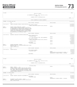 Diário Oficial
GUARUJÁ

sexta-feira

27 de dezembro de 2013

73

-------------------------------------------------------------------------------------------------------------------------------------------------------------------------------------------------------| CN-SIFPM
CONAM
|
|
MUNICIPIO DE GUARUJA
|
|
|
|
LEI ORCAMENTARIA ANUAL 2014 - LEI No. 04068 DE 12/12/2013
|
|
QUADRO I - B
|
|
|
|
ORCAMENTOS FISCAL E DA SEGURIDADE SOCIAL
|
|
Pagina
21 |
----------------------------------------------------------------------------------------------------------------------------------------------------------------------------------------------------------------------------------------------------------------------------------------------------------------------------------------------------------------------------------------------------------------|
DOTACAO ORCAMENTARIA DA UNIDADE ORCAMENTARIA
|
|=========================================================================================================================================================================================================|
| PROGRAMA : 1006 CULTURA PARA TODOS
10.988.000,00|
|---------------------------------------------------------------------------------------------------------------------------------------------------------------------------------------------------------|
|
ACAO
GRUPO DE DESPESA / MODALIDADE
FONTE DE RECURSO
|
|---------------------------------------------------------------------------------------------------------------------------------------------------------------------------------------------------------|
|13.392.1006.2073
FOMENTO AS ENTIDADES CULTURAIS E GRUPOS ARTISTICOS
1.202.000,00|
|
OUTRAS DESPESAS CORRENTES
1.202.000,00|
|
TRANSF.A INSTITUICOES PRIVADAS SEM FINS LUCRATIVOS
1.202.000,00|
|
TESOURO
1.202.000,00|
|PRODUTO
:
PROJETOS CULTURAIS BENEFICIADOS ( UNIDADE ) :
7
|
|DESCRICAO :
PROMOVER,COORDENAR E EXECUTAR PROGRAMAS E ACOES,RELATIVOS
|
|
AO DESENVOLVIMENTO DA ECONOMIA CULTURAL DO MUNICIPIO, VISAN
|
|
DO A INTEGRACAO SOCIAL E PRODUTIVA DAS COMUNIDADES,FAMILIAS
|
|
E PESSOAS COM VOCACAO CULTURAL, ARTISTICA E ARTESANAL EM
|
|
CONJUNTO COM AS ORGANIZACOES CULTURAIS, SOCIAIS E COMUNITA|
|
RIAS DO MUNICIPIO, EM CONSONANCIA COM AS DIRETRIZES GERAIS
|
|
DO GOVERNO MUNICIPAL E DA LEGISLACAO VIGENTE.
|
|---------------------------------------------------------------------------------------------------------------------------------------------------------------------------------------------------------|
|
ACAO
GRUPO DE DESPESA / MODALIDADE
FONTE DE RECURSO
|
|---------------------------------------------------------------------------------------------------------------------------------------------------------------------------------------------------------|
|13.392.1006.2164
MANUTENCAO E AMPLIACAO DA ESTRUTURA ORGANIZACIONAL
9.212.000,00|
|
PESSOAL E ENCARGOS SOCIAIS
3.145.000,00|
|
APLICACOES DIRETAS
3.030.000,00|
|
TESOURO
3.030.000,00|
|
APL. DIRETA DECORRENTE DE OPER. INTRA-ORCAMENTARIA
115.000,00|
|
TESOURO
115.000,00|
|
OUTRAS DESPESAS CORRENTES
5.481.000,00|
|
TRANSF.A INSTITUICOES PRIVADAS SEM FINS LUCRATIVOS
53.000,00|
|
TESOURO
53.000,00|
|
APLICACOES DIRETAS
5.428.000,00|
|
TESOURO
5.428.000,00|
|
INVESTIMENTOS
586.000,00|
|
APLICACOES DIRETAS
586.000,00|
|
TESOURO
586.000,00|
|PRODUTO
:
UNIDADES ADMINISTRADAS ( UNIDADE ) :
3
|
|DESCRICAO :
MANUTENCAO E AMPLIACAO DA ESTRUTURA ORGANIZACIONAL DA SECRE
|
|
TARIA DE CULTURA
|
|
ionais e internacionais.
|
|---------------------------------------------------------------------------------------------------------------------------------------------------------------------------------------------------------|
|
ACAO
GRUPO DE DESPESA / MODALIDADE
FONTE DE RECURSO
|
|---------------------------------------------------------------------------------------------------------------------------------------------------------------------------------------------------------|
|13.392.1006.2205
FORMACAO ARTISTICA
574.000,00|
|
OUTRAS DESPESAS CORRENTES
494.000,00|
|
APLICACOES DIRETAS
494.000,00|
|
TESOURO
328.000,00|
|
RECURSOS PROPRIOS DE FDOS ESPECIAIS DE DESPESA - V
1.000,00|
|
TRANSFERENCIAS E CONVENIOS FEDERAIS - VINCULADOS
165.000,00|
|
INVESTIMENTOS
80.000,00|
---------------------------------------------------------------------------------------------------------------------------------------------------------------------------------------------------------

-------------------------------------------------------------------------------------------------------------------------------------------------------------------------------------------------------| CN-SIFPM
CONAM
|
|
MUNICIPIO DE GUARUJA
|
|
|
|
LEI ORCAMENTARIA ANUAL 2014 - LEI No. 04068 DE 12/12/2013
|
|
QUADRO I - B
|
|
|
|
ORCAMENTOS FISCAL E DA SEGURIDADE SOCIAL
|
|
Pagina
22 |
----------------------------------------------------------------------------------------------------------------------------------------------------------------------------------------------------------------------------------------------------------------------------------------------------------------------------------------------------------------------------------------------------------------|
APLICACOES DIRETAS
80.000,00|
|
TESOURO
80.000,00|
|PRODUTO
:
EVENTOS ( UNIDADE ) :
210
|
|DESCRICAO :
FORMULAR E EXECUTAR PROGRAMAS E ACOES QUE VISEM A PROMOCAO
|
|
DA PRODUCAO CULTURAL NAS SUAS DIVERSAS MANIFESTACOES COMO M
|
|
USICA, TEATRO, DANCA, PINTURA, GRAVURA, FOTOGRAFIA, AUDIVI|
|
SUAL, CINEMA, LITERATURA, ARTESANATO, ENTRE OUTRAS, VISANDO
|
|
O FORTALECIMENTO DA IDENTIDADE LOCAL E A VALORIZACAO DA DI
|
|
VERSIDADE CULTURAL DO MUNICIPIO.
|
|=========================================================================================================================================================================================================|
| PROGRAMA : 1007 REVIVA GUARUJA
443.000,00|
|---------------------------------------------------------------------------------------------------------------------------------------------------------------------------------------------------------|
|
ACAO
GRUPO DE DESPESA / MODALIDADE
FONTE DE RECURSO
|
|---------------------------------------------------------------------------------------------------------------------------------------------------------------------------------------------------------|
|13.392.1007.1007
RESTAURO, ADEQUACAO E AMPLIACAO DE EQUIPAMENTOS DE
443.000,00|
|
INVESTIMENTOS
443.000,00|
|
APLICACOES DIRETAS
443.000,00|
|
TESOURO
358.000,00|
|
TRANSFERENCIAS E CONVENIOS FEDERAIS - VINCULADOS
85.000,00|
|PRODUTO
:
EQUIPAMENTOS DE DIFUSAO CULTURAL ( UNIDADE ) :
3
|
|DESCRICAO :
CONSTRUCAO, REFORMA E AMPLIACAO DE PROPRIOS PUBLICOS DESTI|
|
NADOS A DIFUSAO CULTURAL.
|
---------------------------------------------------------------------------------------------------------------------------------------------------------------------------------------------------------

 
