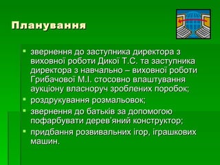 Планування

  звернення до заступника директора з
   виховної роботи Дикої Т.С. та заступника
   директора з навчально – виховної роботи
   Грибачової М.І. стосовно влаштування
   аукціону власноруч зроблених поробок;
  роздрукування розмальовок;
  звернення до батьків за допомогою
   пофарбувати дерев’яний конструктор;
  придбання розвивальних ігор, іграшкових
   машин.
 