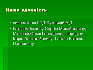 Наша вдячність

  вихователю ГПД Сукшиній А.Д.;
  батькам Ісакову Сергію Михайловичу,
   Мінковій Ользі Геннадіївні, Порядіну
   Ігорю Анаталійовичу, Гнатко Віталію
   Павловичу.
 