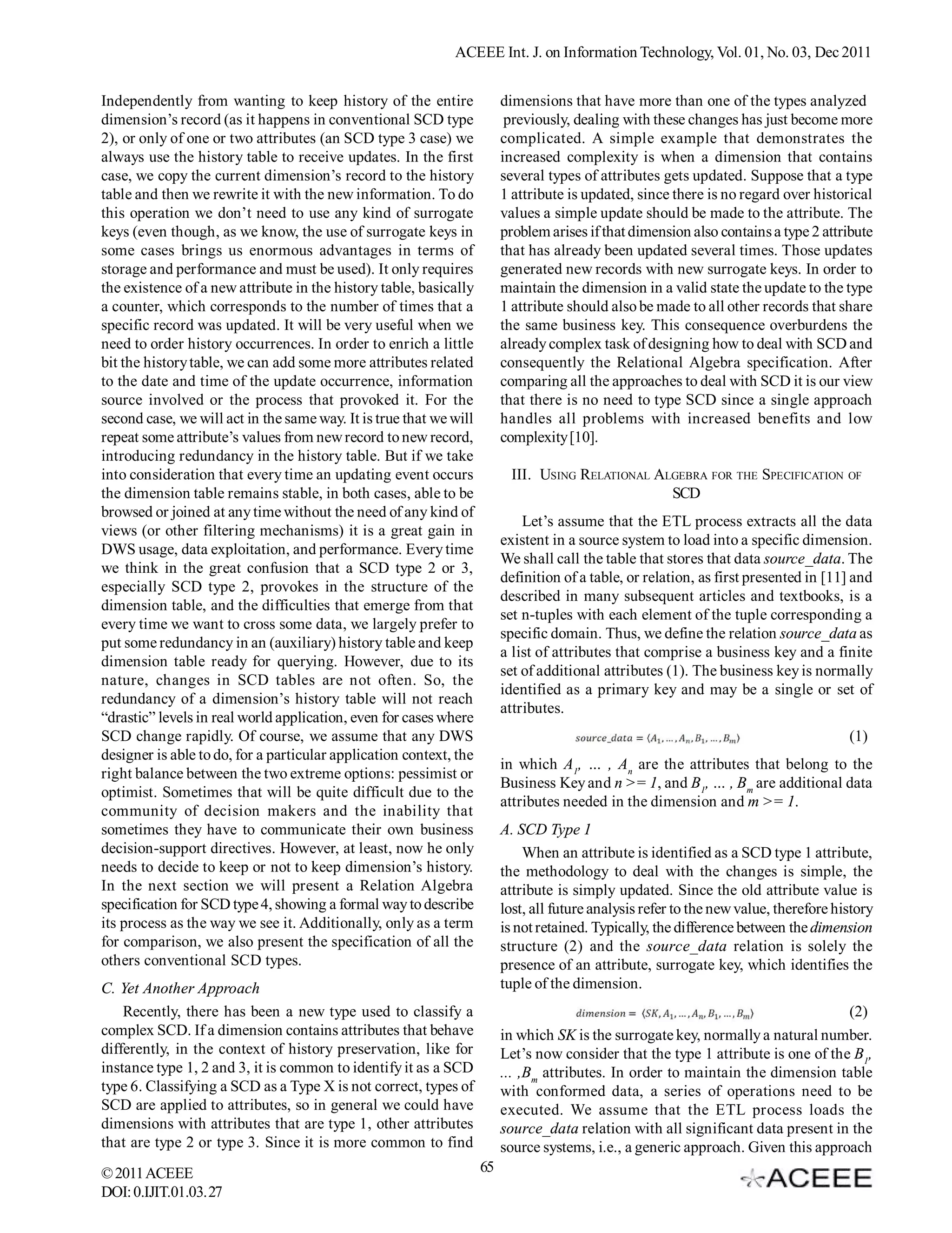 Slowly Changing Dimensions Specification a Relational Algebra Approach