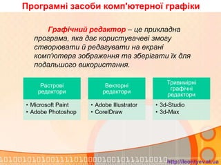 Програмні засоби комп'ютерної графіки

     Графічний редактор – це прикладна
  програма, яка дає користувачеві змогу
  створювати й редагувати на екрані
  комп'ютера зображення та зберігати їх для
  подальшого використання.

                                              Тривимірні
     Растрові            Векторні
                                               графічні
    редактори           редактори
                                              редактори
• Microsoft Paint   • Adobe Illustrator   • 3d-Studio
• Adobe Photoshop   • CorelDraw           • 3d-Max




                                              http://leontyev.at.ua
 
