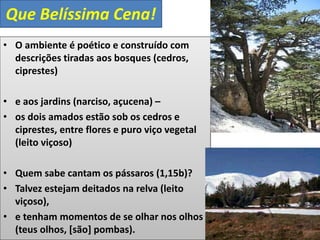 Que Belíssima Cena!
• O ambiente é poético e construído com
descrições tiradas aos bosques (cedros,
ciprestes)
• e aos jardins (narciso, açucena) –
• os dois amados estão sob os cedros e
ciprestes, entre flores e puro viço vegetal
(leito viçoso)
• Quem sabe cantam os pássaros (1,15b)?
• Talvez estejam deitados na relva (leito
viçoso),
• e tenham momentos de se olhar nos olhos
(teus olhos, [são] pombas).
 