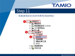 http://www.tamio.com.tw
Step 11
• 點選[進階設定][其他應用][DDNS]。
2
1
3
 