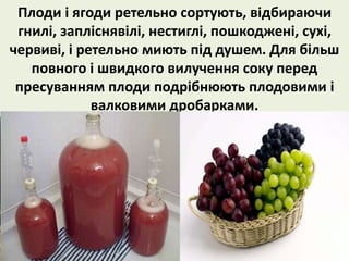 Плоди і ягоди ретельно сортують, відбираючи 
гнилі, запліснявілі, нестиглі, пошкоджені, сухі, 
червиві, і ретельно миють під душем. Для більш 
повного і швидкого вилучення соку перед 
пресуванням плоди подрібнюють плодовими і 
валковими дробарками. 
 