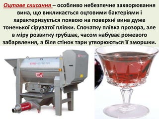 Оцтове скисання – особливо небезпечне захворювання 
вина, що викликається оцтовими бактеріями і 
характеризується появою на поверхні вина дуже 
тоненької сіруватої плівки. Спочатку плівка прозора, але 
в міру розвитку грубшає, часом набуває рожевого 
забарвлення, а біля стінок тари утворюються її зморшки. 
 