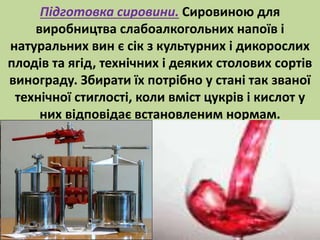 Підготовка сировини. Сировиною для 
виробництва слабоалкогольних напоїв і 
натуральних вин є сік з культурних і дикорослих 
плодів та ягід, технічних і деяких столових сортів 
винограду. Збирати їх потрібно у стані так званої 
технічної стиглості, коли вміст цукрів і кислот у 
них відповідає встановленим нормам. 
 