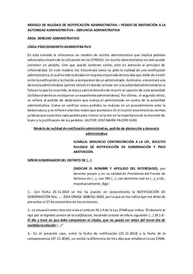 MODELO DE ESCRITO DE ABSTENCIÓN ADMINISTRATIVA, NULIDAD DE 