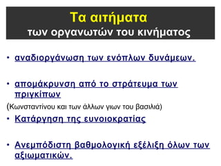 Τα αιτήματα
των οργανωτών του κινήματος
• αναδιοργάνωση των ενόπλων δυνάμεων.
• απομάκρυνση από το στράτευμα των
πριγκίπων
(Κωνσταντίνου και των άλλων γιων του βασιλιά)
• Κατάργηση της ευνοιοκρατίας
• Ανεμπόδιστη βαθμολογική εξέλιξη όλων των
αξιωματικών.
 
