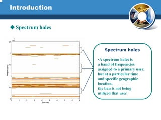 Introduction
Spectrum holes
Spectrum holes
•A spectrum holes is
a band of frequencies
assigned to a primary user,
but at a particular time
and specific geographic
location,
the ban is not being
utilized that user
 
