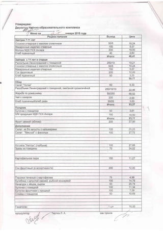 HSyvno-o6pa
Yraepxgarc:
In r{ Ho-oopa30Baren bHoro KoM nfl eKca
7 Muno aa r/ '1-' aneapr 2015 rogq
Paduorl nuratns Bsrxo4 L{ena
3aerpax 7-11 ner
Cocncrr orBaoHbre c MacnoM clHBotiHbtM 19,24
MaxapoHHure v3qenuA orBapHbte 150 E n.-f
Monoxo M.AK nCX AHrapa 200 19,50
Xne6 nuJeHh.rHuri 40 2,60
14roro: 46,41
3aerpax c 11 nerH crapuJe
Pacconunrr I eH r HrpaAcruh c roen+unoil 250110 19,21
Coo,tcxr orBapHbte c MacroM cnhBoqHbtM 50/5 19,24
MaraponHure v3qenv+ orBapHbte 150 5,07
Cor 6pvrroeur4 200 12.00
Xre6 nueHu,{Hsrh 3,25
58.77
O6en
Canar "Horra" OU
Paccoriunur fl eHun rpa4cxri c roen4uHofr , oureranoi n porunrvdnoti 250t10t10 )2 AA
Xaprde no AoMauHeMy awzcu 56,52
ular,t c caxapou 200 2,03
Xne6 niueHra,.rn ur fi /xne6 pxan 30t20
hroro: 93,37
flonAnrx
Svno,lra c noBtiAnoM 50 J,O I
K/M npo4yrqur MIK flCX AHrapa 150 19,50
Hroro: 23,11
Qpvrr ceexhfi (q6noxo) 200 27,00
AononneHre
Canar hs 6/r ranvcrbr c KanbMapaMh 100 25,25
Canar "MscHoi" c daconup 100 27.72
Kornera "HenwH" (rop6vua) 100 zt,oo
3pasut r,1s roBnAHHbl 70 24,02
Kapro$enuHoe ntope 150 I I,ZI
Cor 6pvrroesrrZ (e accopruueHre) 200 12,Q0
fluooxrur neL{eHble c raprodeneu 75 4,99
Kvne6nra c Kanvcroi csexeti, psl6Hon roHcepeoti 100 14,79
Xa,{anyph c niqorvt, cbtpoM 25 74
bvfior.{Ka c noMaAKoh 100 11,34
6vnoqra dpvrroeaq c rpou.txott 100 7,29
Cnouxa c noBu4noM 50 10,69
l-enaroren 1 urr 18,00
KaflbKynFTop -.'Teci'pr l'1. A.
/' 3aB npoh3B
C
 