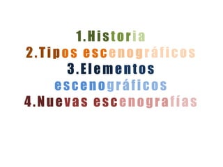 1.Historia
2.Tipos escenográficos
3.Elementos
escenográficos
4.Nuevas escenografías
 
