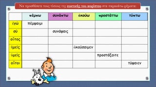 Να προσθέσετε τους τύπους της ευκτικής του αορίστου στα παρακάτω ρήματα:
πέμπω συνάπτω ἀκούω προστάττω τύπτω
ἐγώ πέμψαιμι
σύ συνάψαις
οὗτος
ἡμεῖς ἀκούσαιμεν
ὑμεῖς προστάξαιτε
οὗτοι τύψαιεν
 