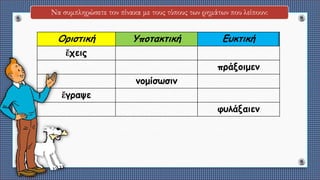 Να συμπληρώσετε τον πίνακα με τους τύπους των ρημάτων που λείπουν:
Οριστική Υποτακτική Ευκτική
ἔχεις
πράξοιμεν
νομίσωσιν
ἔγραψε
φυλάξαιεν
 