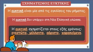 Η ευκτική είναι μία από τις εγκλίσεις του ρήματος.
Η ευκτική δεν υπάρχει στη Νέα Ελληνική γλώσσα.
Η σχηματίζεται στους εξής χρόνους:
.
ΣΧΗΜΑΤΙΣΜΟΣ ΕΥΚΤΙΚΗΣ
 