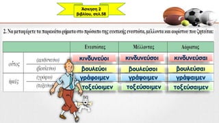 κινδυνεύοι κινδυνεύσοι κινδυνεύσαι
βουλεύοι βουλεύσοι βουλεύσαι
γράφοιμεν γράψοιμεν γράψαιμεν
τοξεύοιμεν τοξεύσοιμεν τοξεύσαιμεν
Άσκηση 2
βιβλίου, σελ.58
 