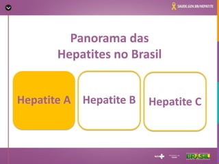 Hepatite A
• Transmissão fecal-oral
• Maioria casos tem caráter benigno
• Brasil oferta vacina para crianças de 1 a 2 anos...