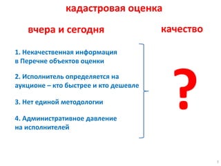 вчера и сегодня
3
2. Исполнитель определяется на
аукционе – кто быстрее и кто дешевле
1. Некачественная информация
в Перечне объектов оценки
3. Нет единой методологии
4. Административное давление
на исполнителей
качество
кадастровая оценка
?
 