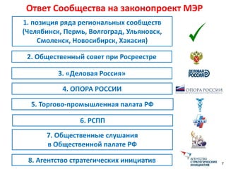 7
Ответ Сообщества на законопроект МЭР
3. «Деловая Россия»
5. Торгово-промышленная палата РФ
7. Общественные слушания
в Общественной палате РФ
1. позиция ряда региональных сообществ
(Челябинск, Пермь, Волгоград, Ульяновск,
Смоленск, Новосибирск, Хакасия)
2. Общественный совет при Росреестре
4. ОПОРА РОССИИ
6. РСПП
8. Агентство стратегических инициатив
 