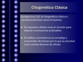 Citogenética Clásica
 La resolución de las técnicas clásicas de
bandeo aún con cromosomas en
prometafase es de 5 a 10 Mb,...