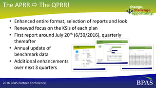 • Enhanced entire format, selection of reports and look
• Renewed focus on the KSIs of each plan
• First report around July 20th (6/30/2016), quarterly
thereafter
• Annual update of
benchmark data
• Additional enhancements
over next 3 quarters
2016 BPAS Partner Conference
The APRR  The QPRR!
 