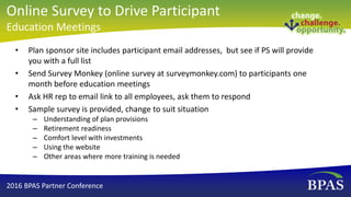 • Plan sponsor site includes participant email addresses, but see if PS will provide
you with a full list
• Send Survey Monkey (online survey at surveymonkey.com) to participants one
month before education meetings
• Ask HR rep to email link to all employees, ask them to respond
• Sample survey is provided, change to suit situation
– Understanding of plan provisions
– Retirement readiness
– Comfort level with investments
– Using the website
– Other areas where more training is needed
2016 BPAS Partner Conference
Online Survey to Drive Participant
Education Meetings
 