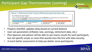 • Projects shortfall, updates daily based on current balance
• User-set parameters (inflation rate, earnings, retirement date, etc.)
• Plan Sponsor and advisor will be able to see macro results for each participant,
but not specific assets or costs that would cross the line with data security
• A much better assessment to help you better serve participants
2016 BPAS Partner Conference
Participant Gap Thermometer (coming)
 