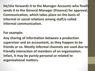 He/she forwards it to the Manager Accounts who finally
sends it to the General Manager (Finance) for approval.
Communication, which takes place on the basis of
informal or social relations among staff,is called
informal communication.
For example:
Any sharing of information between a production
supervisor and an accountant, as they happen to be
friends or so. Mostly informal channels are used due to
friendly interaction of members of an organization.
Infact, it may be purely personal or related to
organizational matters.
 