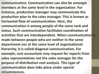 communication. Communication can also be amongst
members at the same level in the organization. For
instance, production manager may communicate the
production plan to the sales manager. This is known as
horizontal flow of communication. Here, the
communication is among people of the same rank and
status. Such communication facilitates coordination of
activities that are interdependent. When communication is
made between people who are neither in the same
department nor at the same level of organizational
hierarchy, it is called diagonal communication. For
example, cost accountant may request for reports from
sales representatives not the sales manager for the
purpose of distribution cost analysis. This type of
communication does take place under special
circumstances.
 