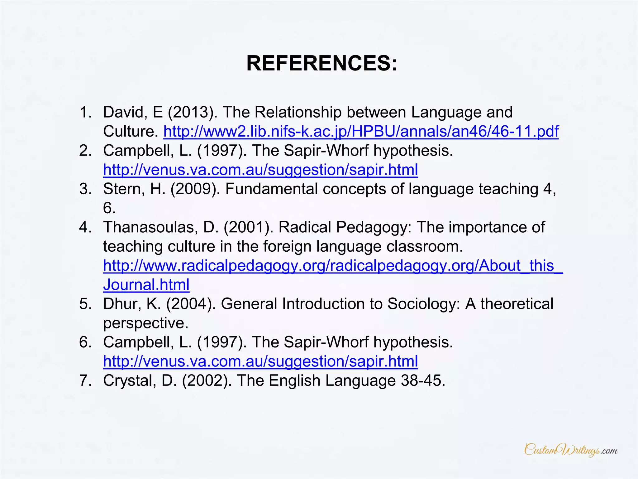 1. David, E (2013). The Relationship between Language and
Culture. http://www2.lib.nifs-k.ac.jp/HPBU/annals/an46/46-11.pdf
2. Campbell, L. (1997). The Sapir-Whorf hypothesis.
http://venus.va.com.au/suggestion/sapir.html
3. Stern, H. (2009). Fundamental concepts of language teaching 4,
6.
4. Thanasoulas, D. (2001). Radical Pedagogy: The importance of
teaching culture in the foreign language classroom.
http://www.radicalpedagogy.org/radicalpedagogy.org/About_this_
Journal.html
5. Dhur, K. (2004). General Introduction to Sociology: A theoretical
perspective.
6. Campbell, L. (1997). The Sapir-Whorf hypothesis.
http://venus.va.com.au/suggestion/sapir.html
7. Crystal, D. (2002). The English Language 38-45.
REFERENCES:
 