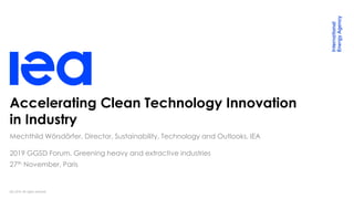 IEA 2019. All rights reserved.
Accelerating Clean Technology Innovation
in Industry
2019 GGSD Forum, Greening heavy and extractive industries
27th November, Paris
Mechthild Wörsdörfer, Director, Sustainability, Technology and Outlooks, IEA
 