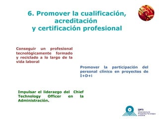 NUEVAS EMPRESAS



     6. Promover la cualificación,
             acreditación
      y certificación profesional


Conseguir un profesional
tecnológicamente formado
y reciclado a lo largo de la
vida laboral
                               Promover la participación del
                               personal clínico en proyectos de
                               I+D+i



Impulsar el liderazgo del Chief
Technology     Officer  en   la
Administración.
 