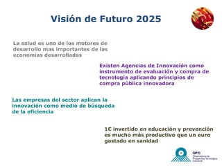 Visión de Futuro 2025

La salud es uno de los motores de
desarrollo mas importantes de las
economías desarrolladas

                              Existen Agencias de Innovación como
                              instrumento de evaluación y compra de
                              tecnología aplicando principios de
                              compra pública innovadora


Las empresas del sector aplican la
innovación como medio de búsqueda
de la eficiencia


                               1€ invertido en educación y prevención
                               es mucho más productivo que un euro
                               gastado en sanidad
 