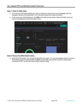 Lab - Interpret HTTP and DNS Data to Isolate Threat Actor
© 2018 - 2021 Cisco and/or its affiliates. All rights reserved. Cisco Public Page 6 of 9 www.netacad.com
Step 1: Filter for DNS traffic.
a. From the top of the Kibana Dashboard, clear any filters and search terms and click Home under the
Navigation section of the Dashboard. The Time period should still include June 2020.
b. In the same area of the Dashboard, click DNS in the Zeek Hunting section. Notice the DNS Log Count
metrics and Destination Port horizontal bar chart.
Step 2: Review the DNS-related entries.
a. Scroll down the window. You can see the top DNS query types. You may see address records (A record),
IPv6 address Quad A records (AAAA), NetBIOS records (NB) and a pointer records for resolving the
hostnames (PTR). You can also see the DNS response codes.
 