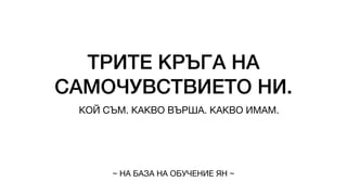 ТРИТЕ КРЪГА НА
САМОЧУВСТВИЕТО НИ.
КОЙ СЪМ. КАКВО ВЪРША. КАКВО ИМАМ.
~ НА БАЗА НА ОБУЧЕНИЕ ЯН ~
 