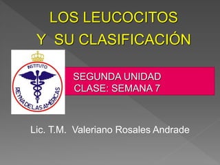 LOS LEUCOCITOS
Y SU CLASIFICACIÓN
Lic. T.M. Valeriano Rosales Andrade
SEGUNDA UNIDAD
CLASE: SEMANA 7
 