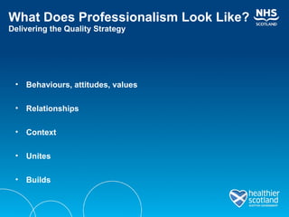 What Does Professionalism Look Like? Delivering the Quality Strategy Behaviours, attitudes, values Relationships Context Unites Builds 