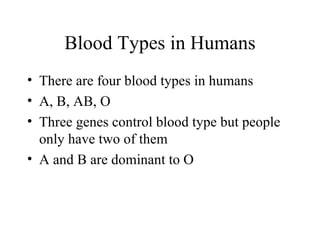 Blood Types in Humans
• There are four blood types in humans
• A, B, AB, O
• Three genes control blood type but people
  only have two of them
• A and B are dominant to O
 
