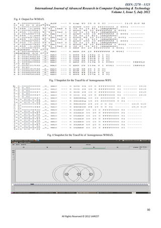 ISSN: 2278 – 1323
                International Journal of Advanced Research in Computer Engineering & Technology
                                                                     Volume 1, Issue 5, July 2012

Fig. 4 Output For WIMAX.




                            Fig. 5 Snapshot for the TraceFile of homogeneous WIFI.




                           Fig. 6 Snapshot for the TraceFile of homogeneous WIMAX.




                                                                                              30

                                       All Rights Reserved © 2012 IJARCET
 