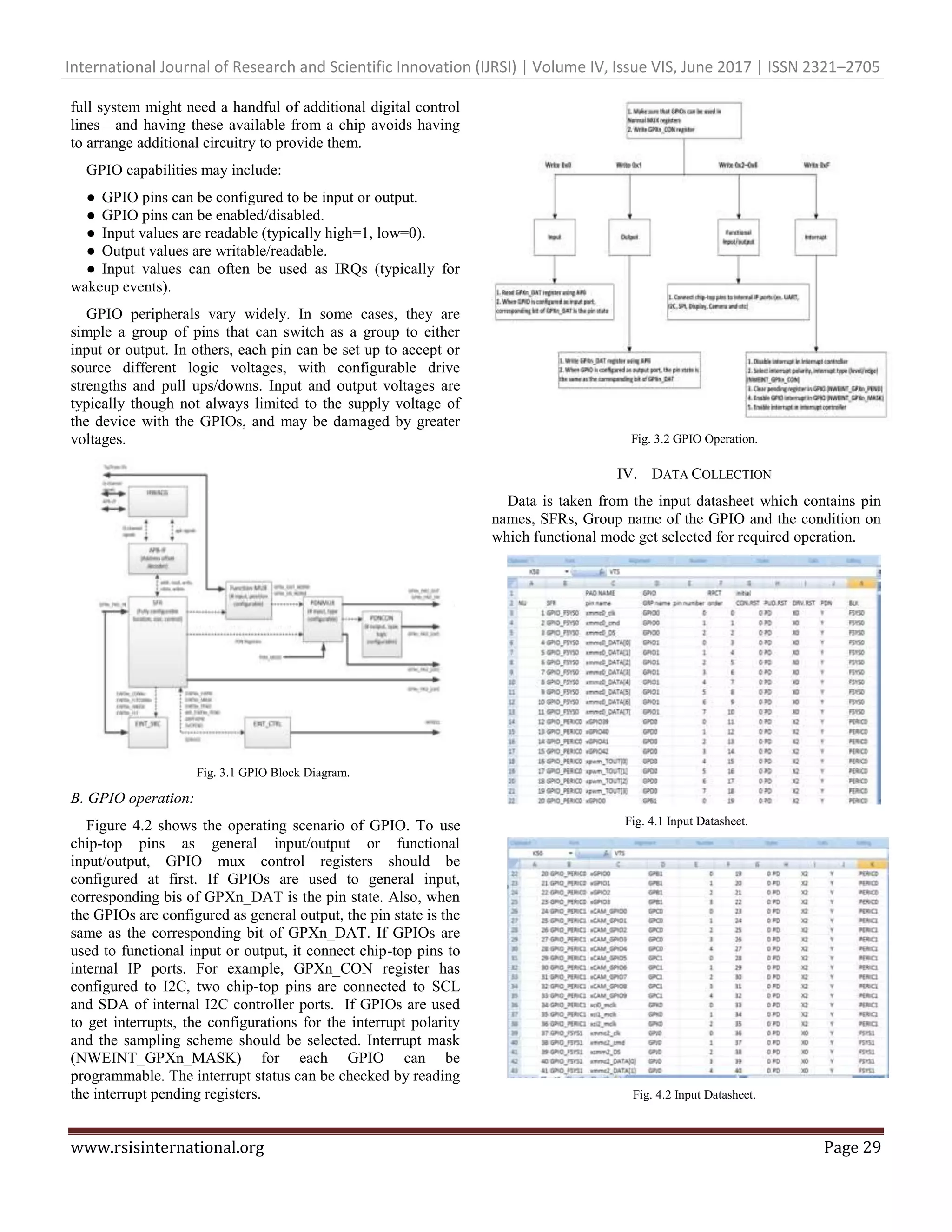 International Journal of Research and Scientific Innovation (IJRSI) | Volume IV, Issue VIS, June 2017 | ISSN 2321–2705 www.rsisinternational.org Page 29 full system might need a handful of additional digital control lines—and having these available from a chip avoids having to arrange additional circuitry to provide them. GPIO capabilities may include: ● GPIO pins can be configured to be input or output. ● GPIO pins can be enabled/disabled. ● Input values are readable (typically high=1, low=0). ● Output values are writable/readable. ● Input values can often be used as IRQs (typically for wakeup events). GPIO peripherals vary widely. In some cases, they are simple a group of pins that can switch as a group to either input or output. In others, each pin can be set up to accept or source different logic voltages, with configurable drive strengths and pull ups/downs. Input and output voltages are typically though not always limited to the supply voltage of the device with the GPIOs, and may be damaged by greater voltages. Fig. 3.1 GPIO Block Diagram. B. GPIO operation: Figure 4.2 shows the operating scenario of GPIO. To use chip-top pins as general input/output or functional input/output, GPIO mux control registers should be configured at first. If GPIOs are used to general input, corresponding bis of GPXn_DAT is the pin state. Also, when the GPIOs are configured as general output, the pin state is the same as the corresponding bit of GPXn_DAT. If GPIOs are used to functional input or output, it connect chip-top pins to internal IP ports. For example, GPXn_CON register has configured to I2C, two chip-top pins are connected to SCL and SDA of internal I2C controller ports. If GPIOs are used to get interrupts, the configurations for the interrupt polarity and the sampling scheme should be selected. Interrupt mask (NWEINT_GPXn_MASK) for each GPIO can be programmable. The interrupt status can be checked by reading the interrupt pending registers. Fig. 3.2 GPIO Operation. IV. DATA COLLECTION Data is taken from the input datasheet which contains pin names, SFRs, Group name of the GPIO and the condition on which functional mode get selected for required operation. Fig. 4.1 Input Datasheet. Fig. 4.2 Input Datasheet. 