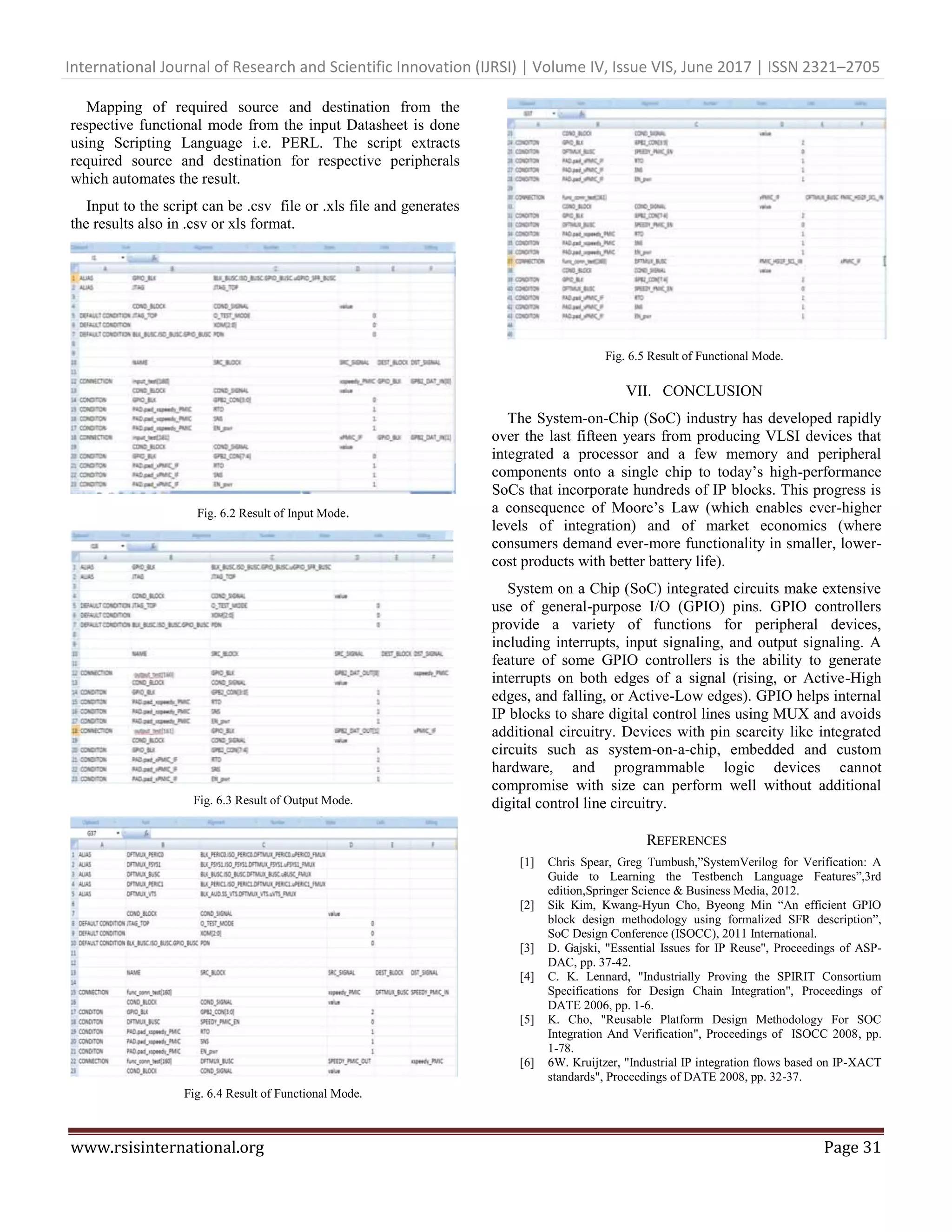 International Journal of Research and Scientific Innovation (IJRSI) | Volume IV, Issue VIS, June 2017 | ISSN 2321–2705 www.rsisinternational.org Page 31 Mapping of required source and destination from the respective functional mode from the input Datasheet is done using Scripting Language i.e. PERL. The script extracts required source and destination for respective peripherals which automates the result. Input to the script can be .csv file or .xls file and generates the results also in .csv or xls format. Fig. 6.2 Result of Input Mode. Fig. 6.3 Result of Output Mode. Fig. 6.4 Result of Functional Mode. Fig. 6.5 Result of Functional Mode. VII. CONCLUSION The System-on-Chip (SoC) industry has developed rapidly over the last fifteen years from producing VLSI devices that integrated a processor and a few memory and peripheral components onto a single chip to today’s high-performance SoCs that incorporate hundreds of IP blocks. This progress is a consequence of Moore’s Law (which enables ever-higher levels of integration) and of market economics (where consumers demand ever-more functionality in smaller, lower- cost products with better battery life). System on a Chip (SoC) integrated circuits make extensive use of general-purpose I/O (GPIO) pins. GPIO controllers provide a variety of functions for peripheral devices, including interrupts, input signaling, and output signaling. A feature of some GPIO controllers is the ability to generate interrupts on both edges of a signal (rising, or Active-High edges, and falling, or Active-Low edges). GPIO helps internal IP blocks to share digital control lines using MUX and avoids additional circuitry. Devices with pin scarcity like integrated circuits such as system-on-a-chip, embedded and custom hardware, and programmable logic devices cannot compromise with size can perform well without additional digital control line circuitry. REFERENCES [1] Chris Spear, Greg Tumbush,”SystemVerilog for Verification: A Guide to Learning the Testbench Language Features”,3rd edition,Springer Science & Business Media, 2012. [2] Sik Kim, Kwang-Hyun Cho, Byeong Min “An efficient GPIO block design methodology using formalized SFR description”, SoC Design Conference (ISOCC), 2011 International. [3] D. Gajski, "Essential Issues for IP Reuse", Proceedings of ASP- DAC, pp. 37-42. [4] C. K. Lennard, "Industrially Proving the SPIRIT Consortium Specifications for Design Chain Integration", Proceedings of DATE 2006, pp. 1-6. [5] K. Cho, "Reusable Platform Design Methodology For SOC Integration And Verification", Proceedings of ISOCC 2008, pp. 1-78. [6] 6W. Kruijtzer, "Industrial IP integration flows based on IP-XACT standards", Proceedings of DATE 2008, pp. 32-37. 