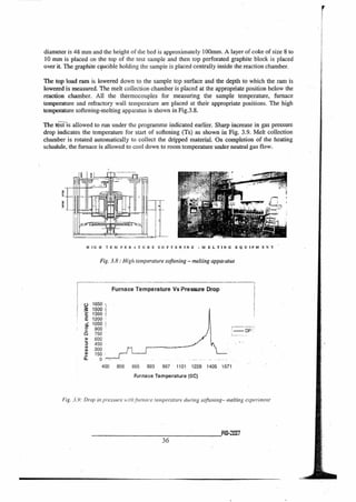 PressureDrop,mmWC
1650
1500
1350
1200
1050
900
750
600
450
300
150
0
400 806 855 893 997 1101 1228 1405 1571
diameter is 48 mm and the height of the bed is approximately 100mm. A layer of coke of size 8 to
10 mm is placed on the top of the test sample and then top perforated graphite block is placed
over it. The graphite citucible holding the sample is placed centrally inside the reaction chamber.
The top load ram is lowered down to the sample top surface and the depth to which the ram is
lowered is measured. The melt collection chamber is placed at the appropriate position below the
reaction chamber. All the thermocouples for measuring the sample temperature, furnace
temperature and refractory wall temperature are placed at their appropriate positions. The high
temperature softening-melting apparatus is shown in Fig.3.8.
The te-slis allowed to run under the programme indicated earlier. Sharp increase in gas pressure
drop indicates the temperature for start of softening (Ts) as shown in Fig. 3.9. Melt collection
chamber is rotated automatically to collect the dripped material. On completion of the heating
schedule, the furnace is allowed to cool down to room temperature under neutral gas flow.
HIGH TEMPERATURE SOFTENING -MELTING EQUIPM ENT
Fig. 3.8 : High temperature softening - melting apparatus
Furnace Temperature Vs Pressure Drop
Furnace Temperature (0C)
Fig. 3.9: Drop in pressure with furnace temperature during softening- melting experiment
P10-2C27
36
 