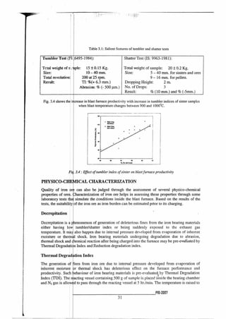 Table 3.1: Salient features of tumbler and shatter tests
Tumbler Test (IS: 6495-1984):
Tctal weight of s..-nple: 15 ± 0.15 Kg.
Size: 10 —40 mm.
Total revolution: 200 at 25
Result TI: %(+ 6.3 min.)
Abrasion: % (- 500 p.m.)
Shatter Test (IS: 9963-1981):
Total weight of sample: 20 ± 0.2 Kg.
Size: 5 — 40 mm. for sinters and ores
9 — 16 mm. for pellets.
Dropping Height: 2 m.
No. of Drops: 3
Result: % (10 mm.) and % (-5mm.)
Fig. 3.4 shows the increase in blast furnace productivity with increase in tumbler indices of sinter samples
when blast temperature changes between 900 and 1000°C.
Fig. 3.4: Effect of tumbler index of sinter on blast furnace productivity
PHYSICO-CHEMICAL CHARACTERIZATION
Quality of iron ore can also be judged through the assessment of several physico-chemical
properties of ores. Characterization of iron ore helps in assessing these properties through some
laboratory tests tha simulate the conditions inside the blast furnace. Based on the results of the
tests, the suitability of the iron ore as iron burden can be estimated prior to its charging.
Decrepitation
Decrepitation is a phenomenon of generation of deleterious fines from the iron bearing materials
either having low tumbler/shatter index or being suddenly exposed to the exhaust gas
temperature. It may also happen due to internal pressure developed from evaporation of inherent
moisture or thermal shock. Iron bearing materials undergoing degradation due to abrasion,
thermal shock and chemical reaction after being charged into the furnace may be pre-evaluated by
Thermal Degradation Index and Reduction degradation index.
Thermal Degradation Index
The generation of 'vines from iron ore due to internal pressure developed from evaporation of
inherent moisture or thermal shock has deleterious effect on the fun-lace performance and
productivity. Such behaviour of iron bearing materials is pre-evaluated, by Thermal Degradation
Index (TDI). The reacting vessel containing 500 g of sample is placed inside the heating chamber
and N2 gas is allowed to pass through the reacting vessel at 5 hr./min. The temperature is raised to
PIE1-2007
31
 